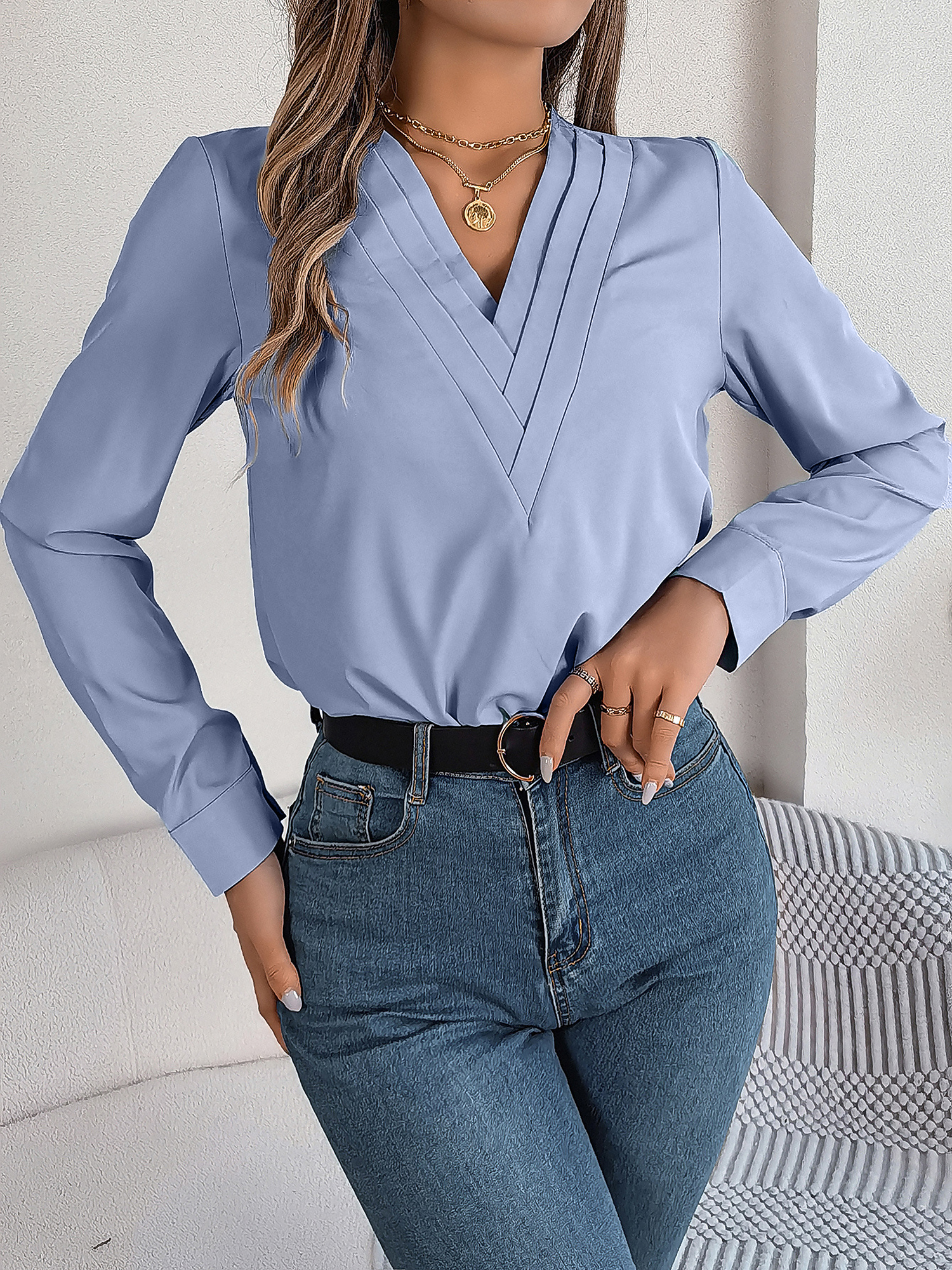 Solid Color Double Layer Breathable V Neck Long Sleeve Casual Business Work Blouse Blue/L