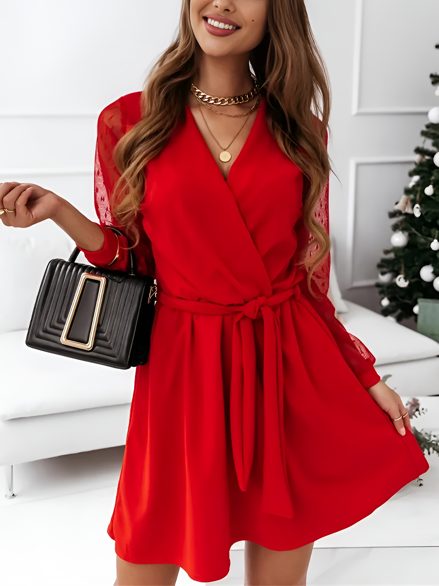 Lace Long Sleeves Patchwork A-Line Belted Mini Dress Red/S
