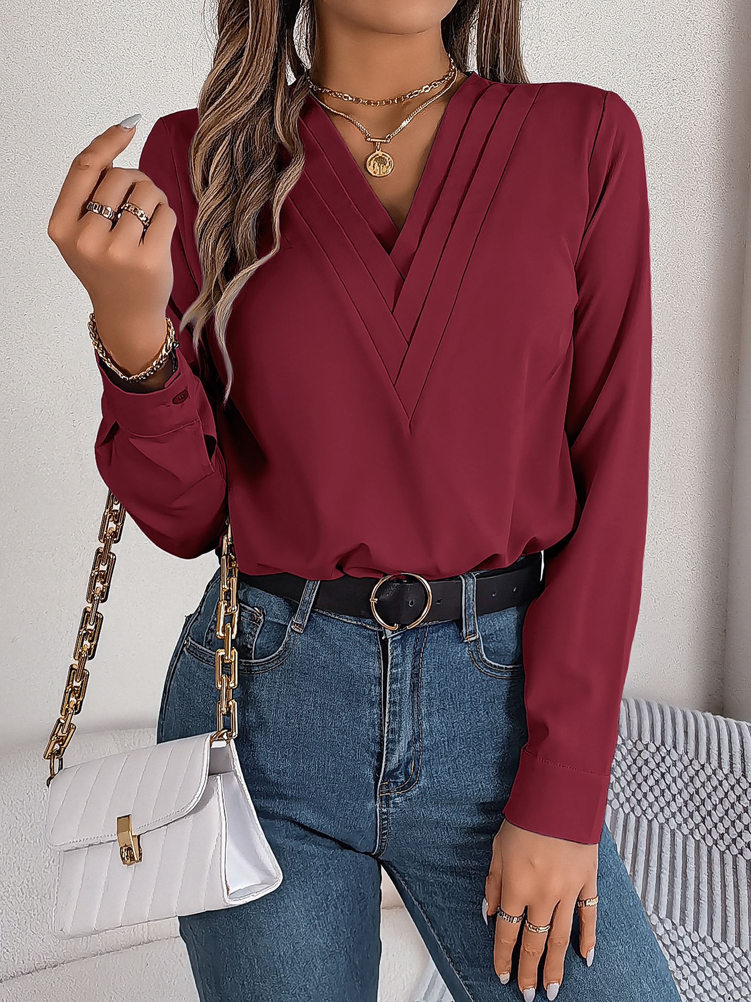 Solid Color Double Layer Breathable V Neck Long Sleeve Casual Business Work Blouse Burgundy/XL