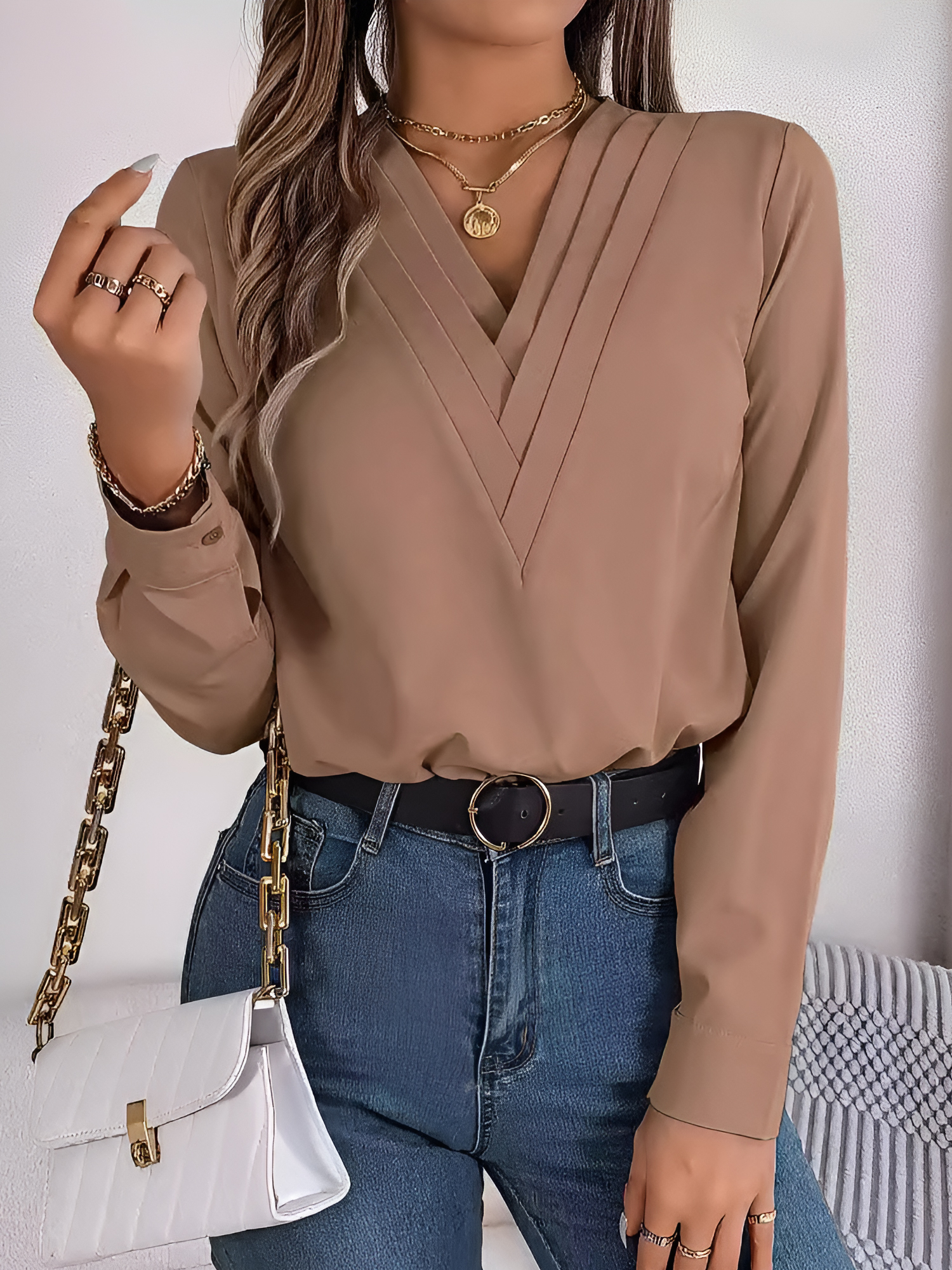 Solid Color Double Layer Breathable V Neck Long Sleeve Casual Business Work Blouse Khaki/M
