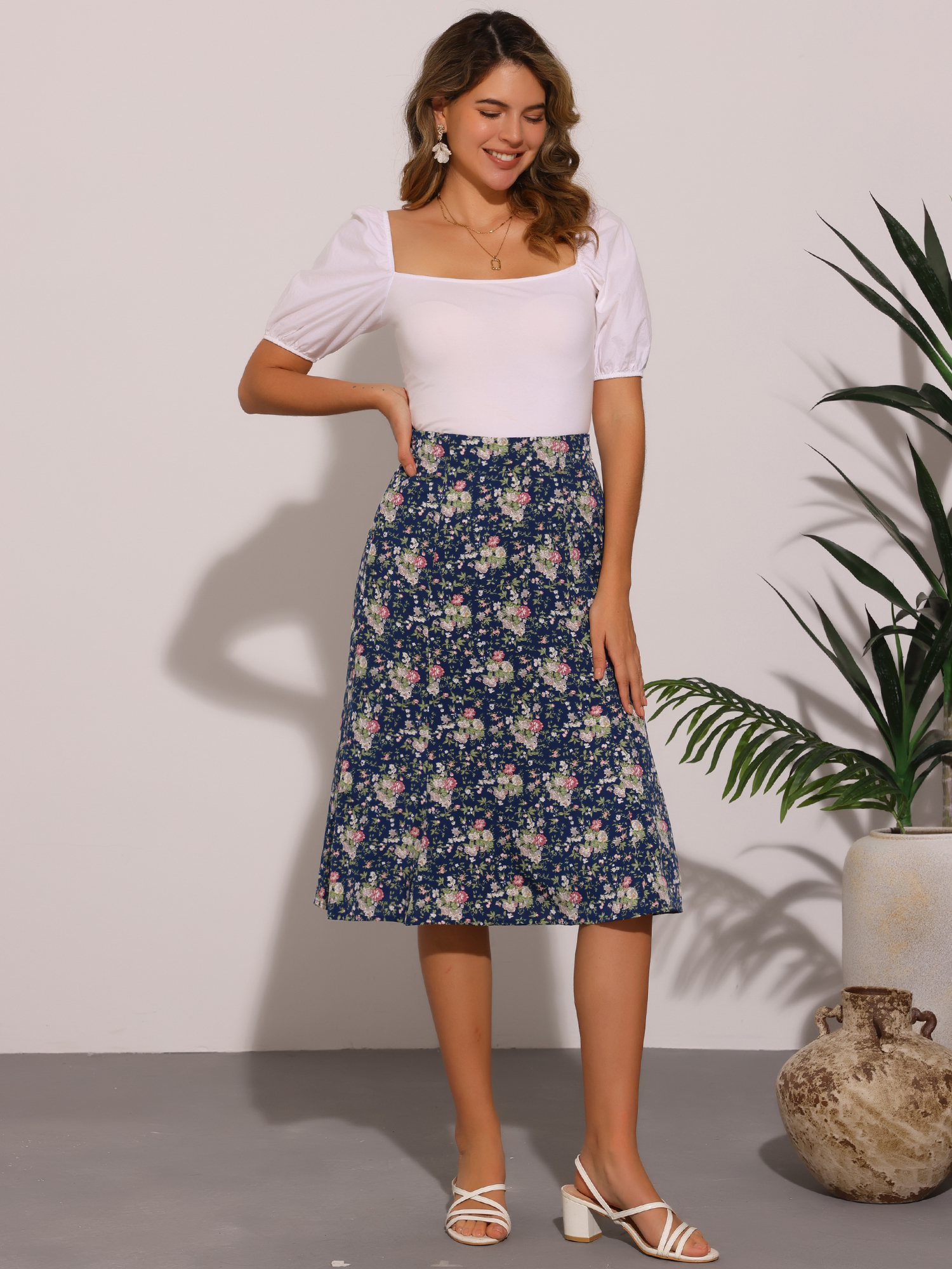 Floral Peasant Elastic Waist A-Line Ditsy Leave Midi Skirt Navy Blue/M