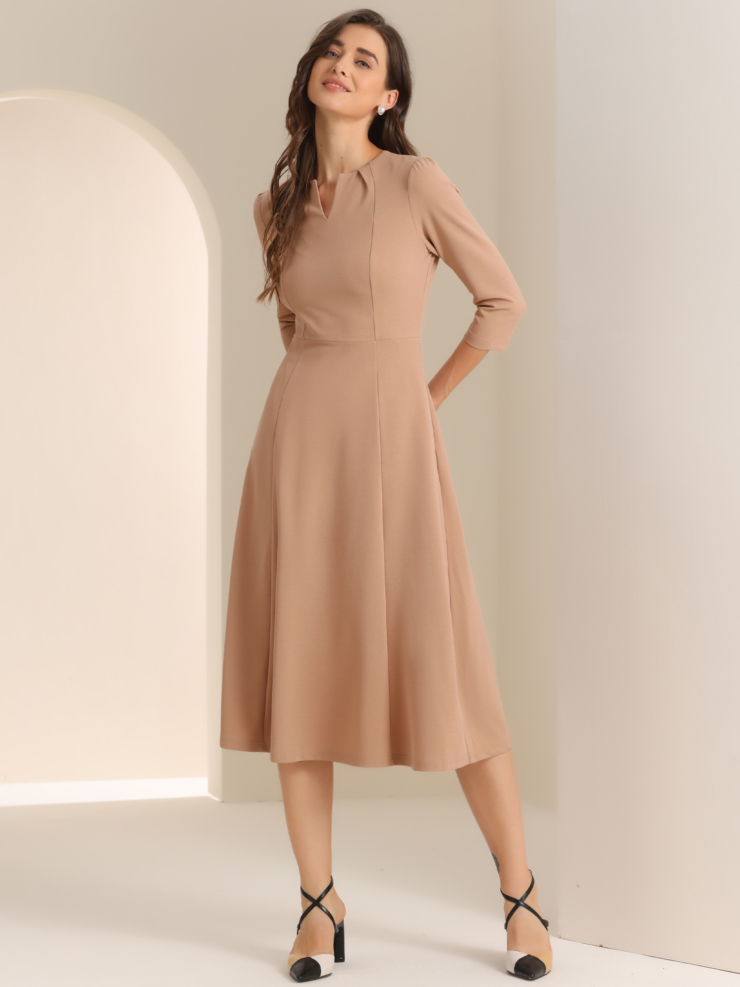 Notch Neck Pocketed 3/4 Sleeve Solid A-Line Work Dress Dark Khaki/L