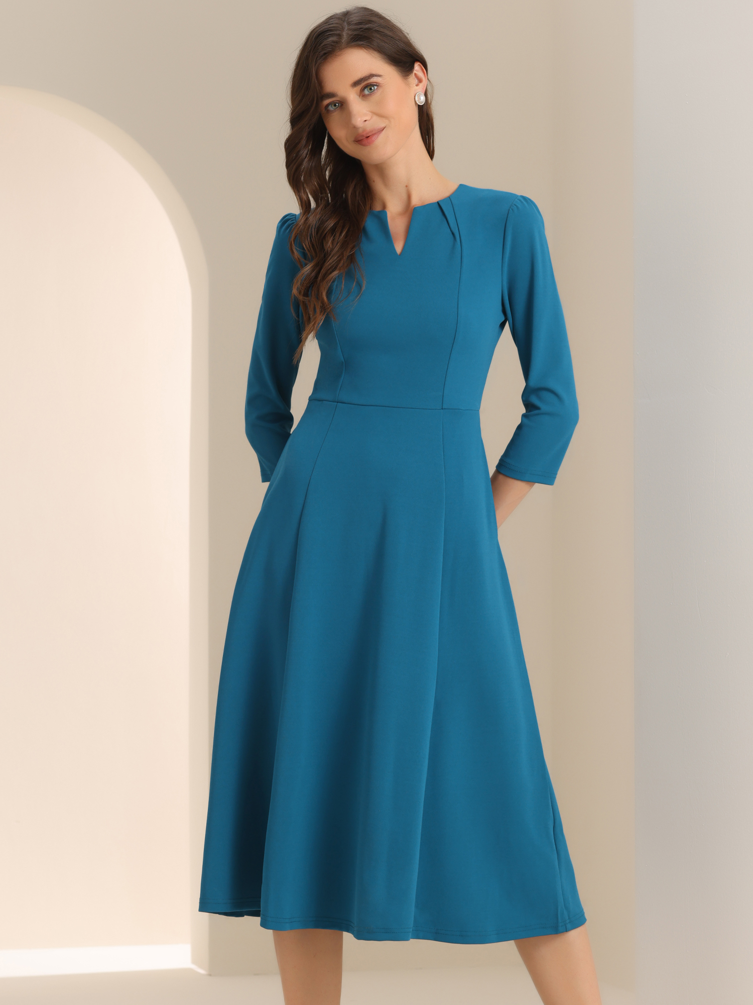 Notch Neck 3/4 Sleeve Pocketed Solid A-Line Work Dress Peacock Blue/M