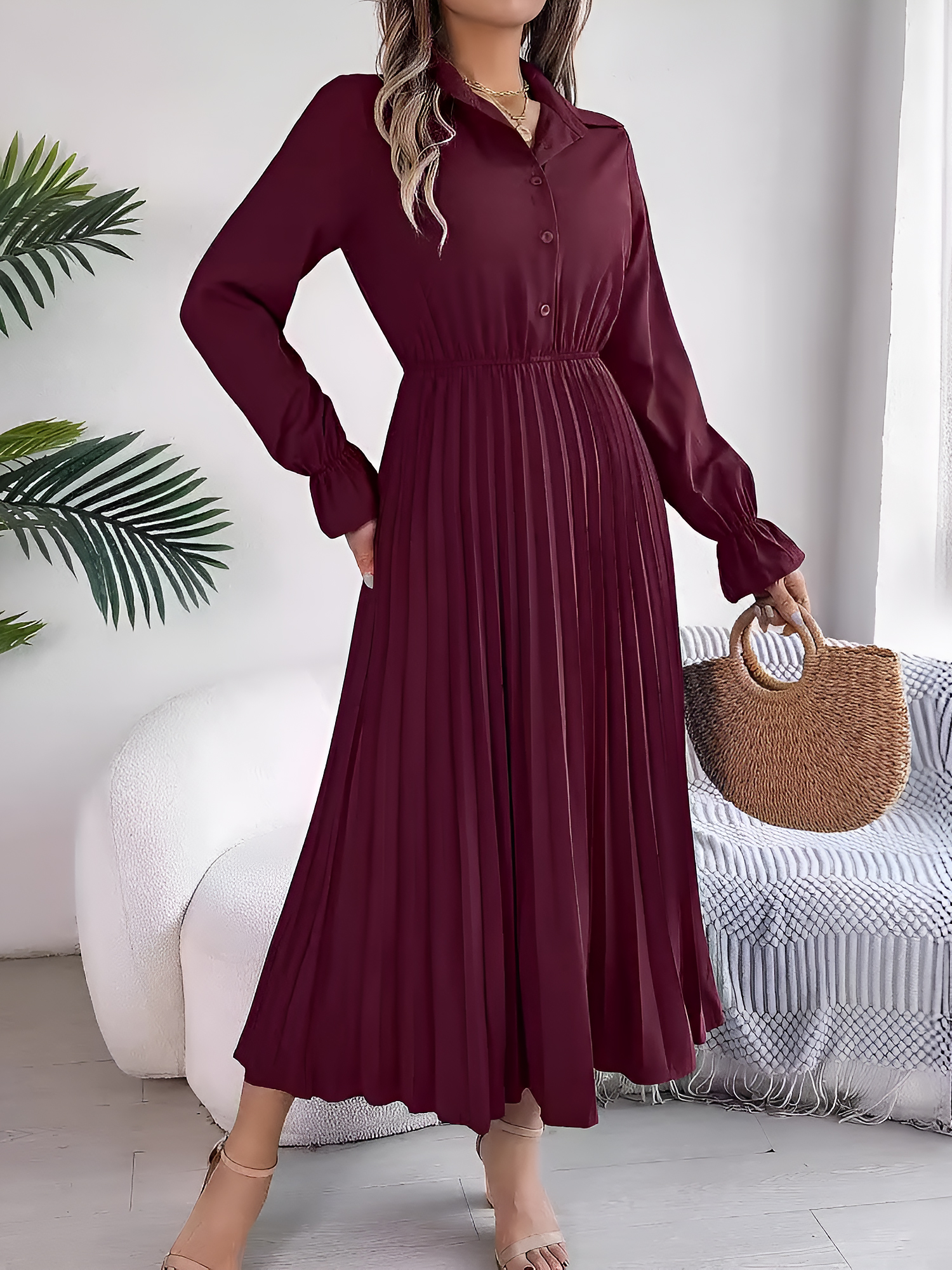 Collar Buttoned Long Sleeve Maxi Pleated Shirt Dress Burgundy/XL
