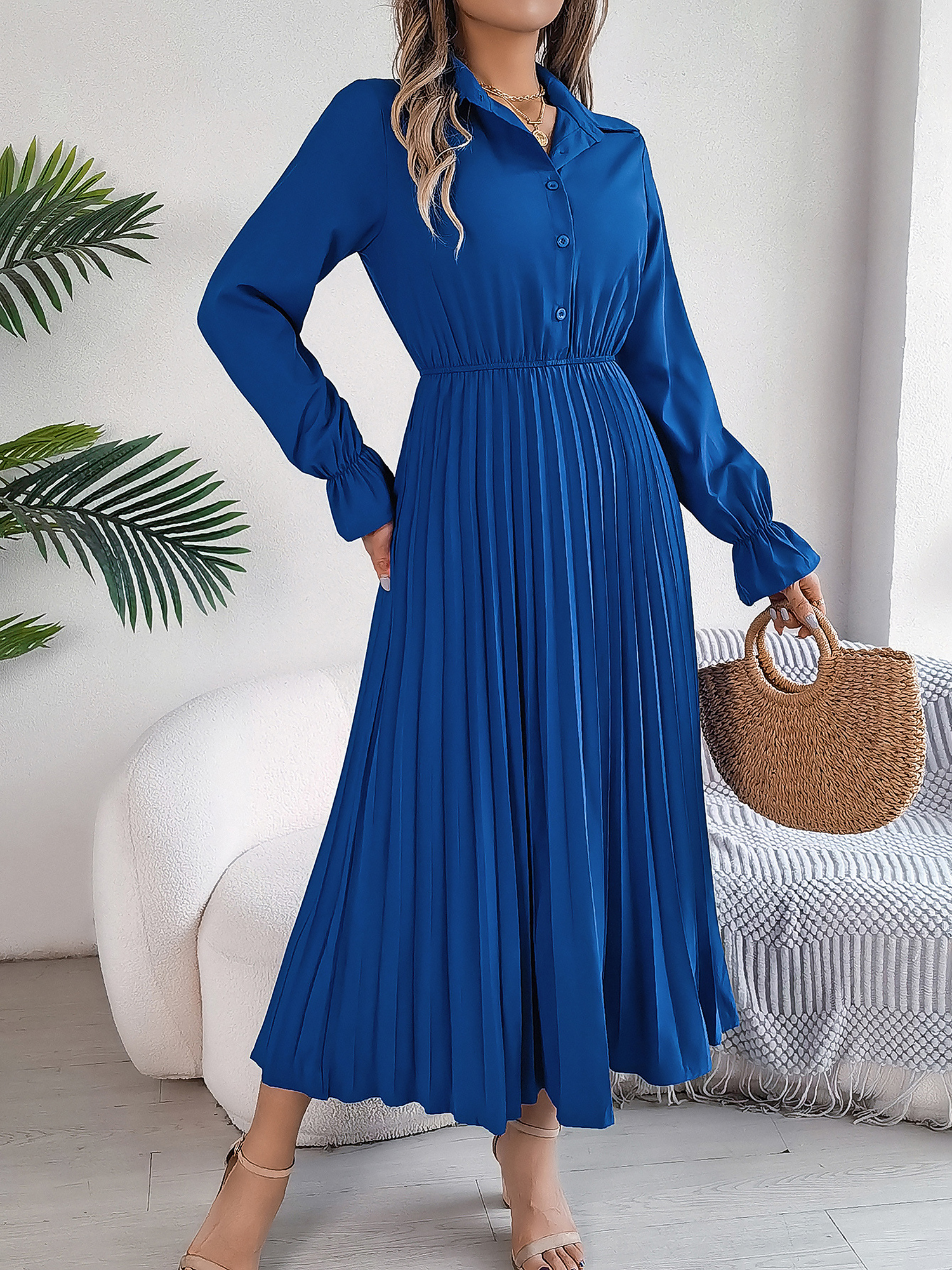 Collar Buttoned Long Sleeve Maxi Pleated Shirt Dress Blue/S