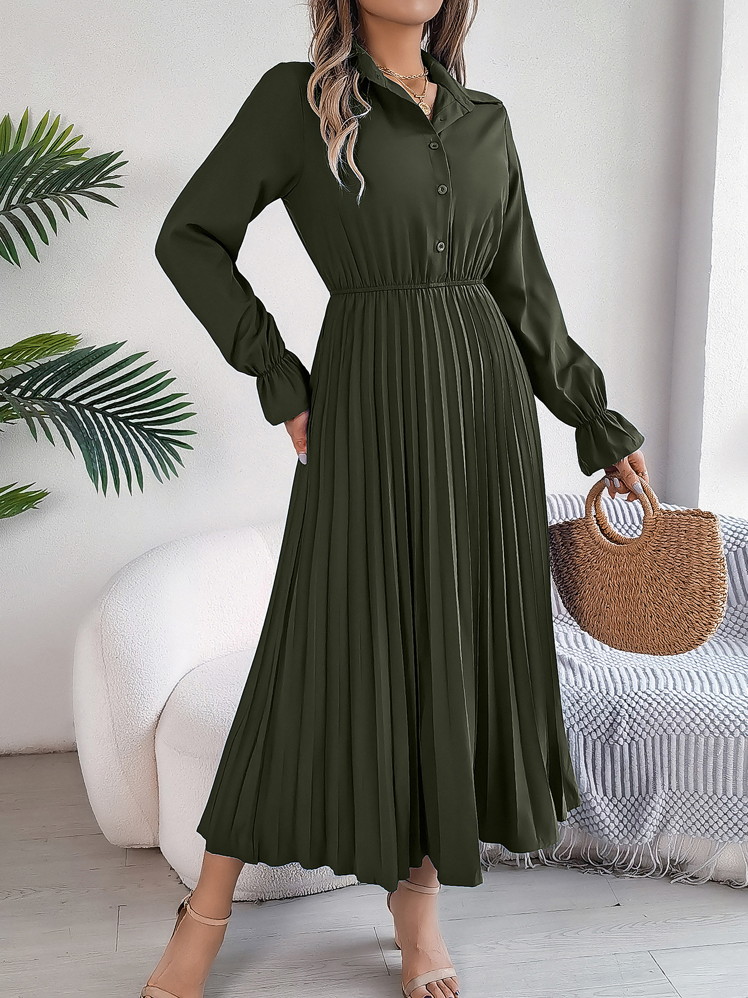 Collar Buttoned Long Sleeve Maxi Pleated Shirt Dress Green/M