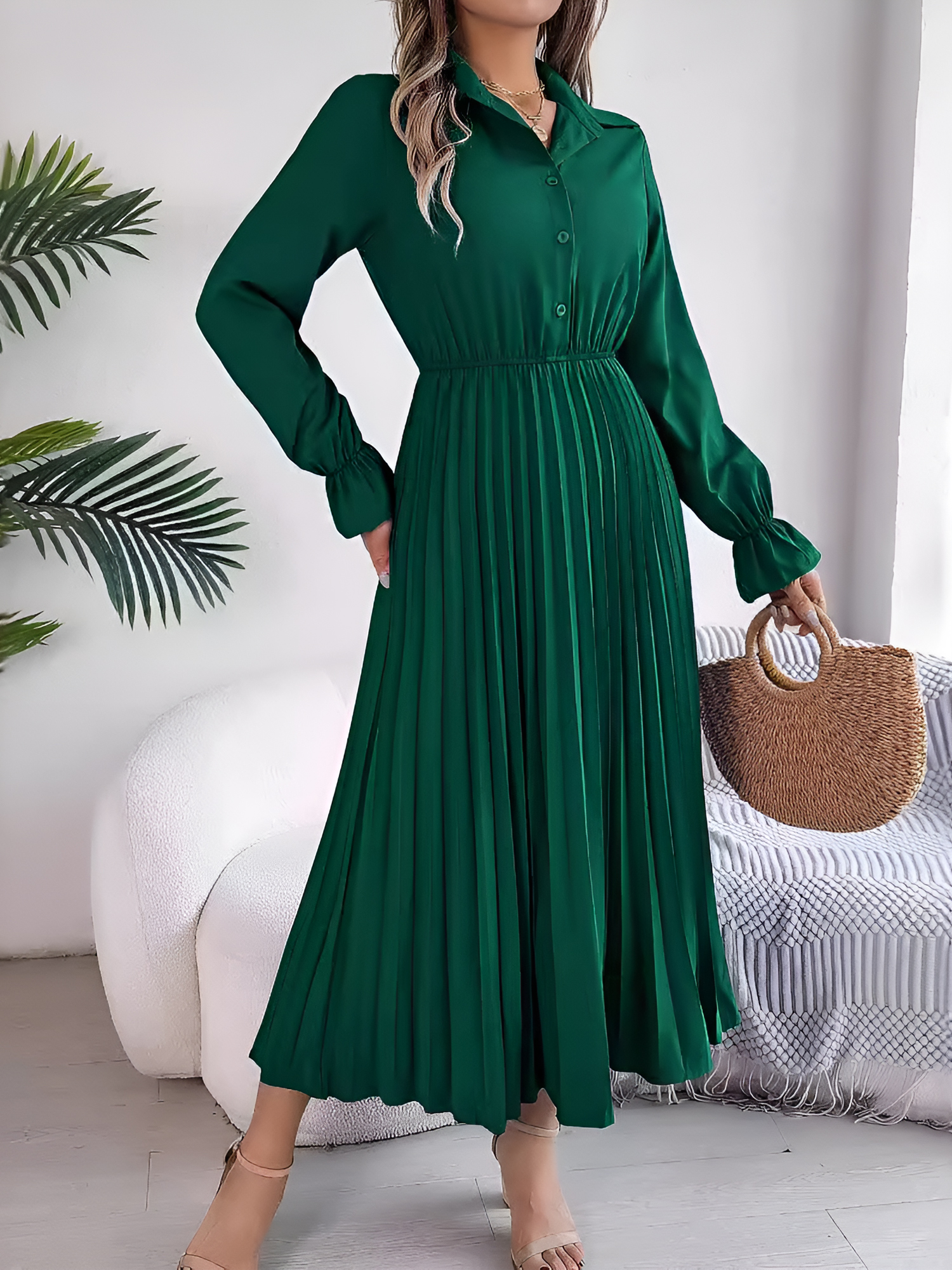 Collar Buttoned Long Sleeve Maxi Pleated Shirt Dress Dark Green/XL
