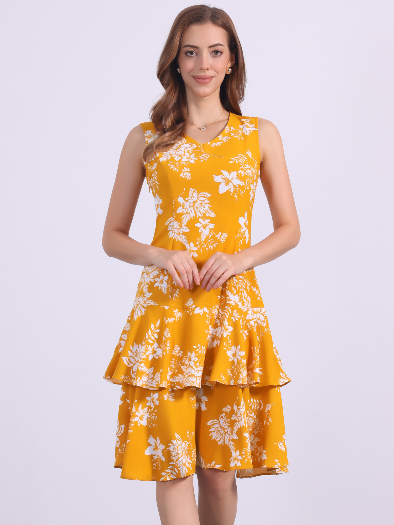 2 Pieces Work Blazer and Chiffon Floral Dress Matching Set White Yellow/M