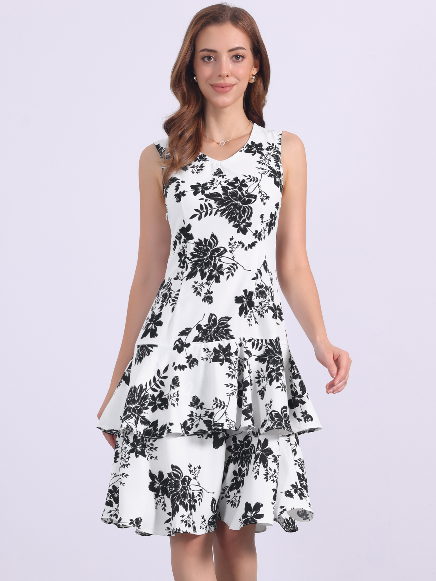 2 Pieces Work Blazer and Chiffon Floral Dress Matching Set Dark Blue White/S