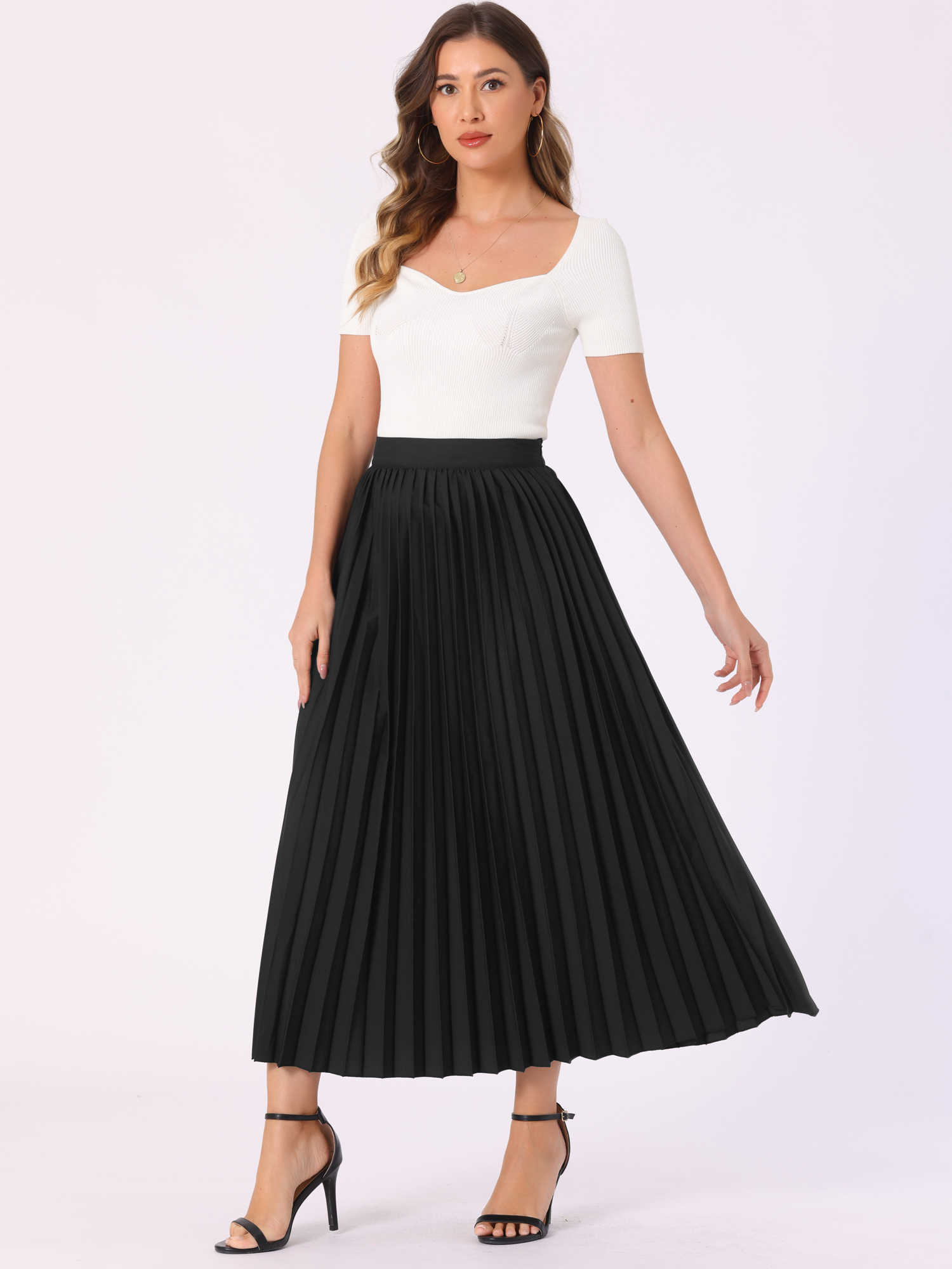 High Waist Side Zipper Casual Flowy Pleated Midi Skirt Black/M