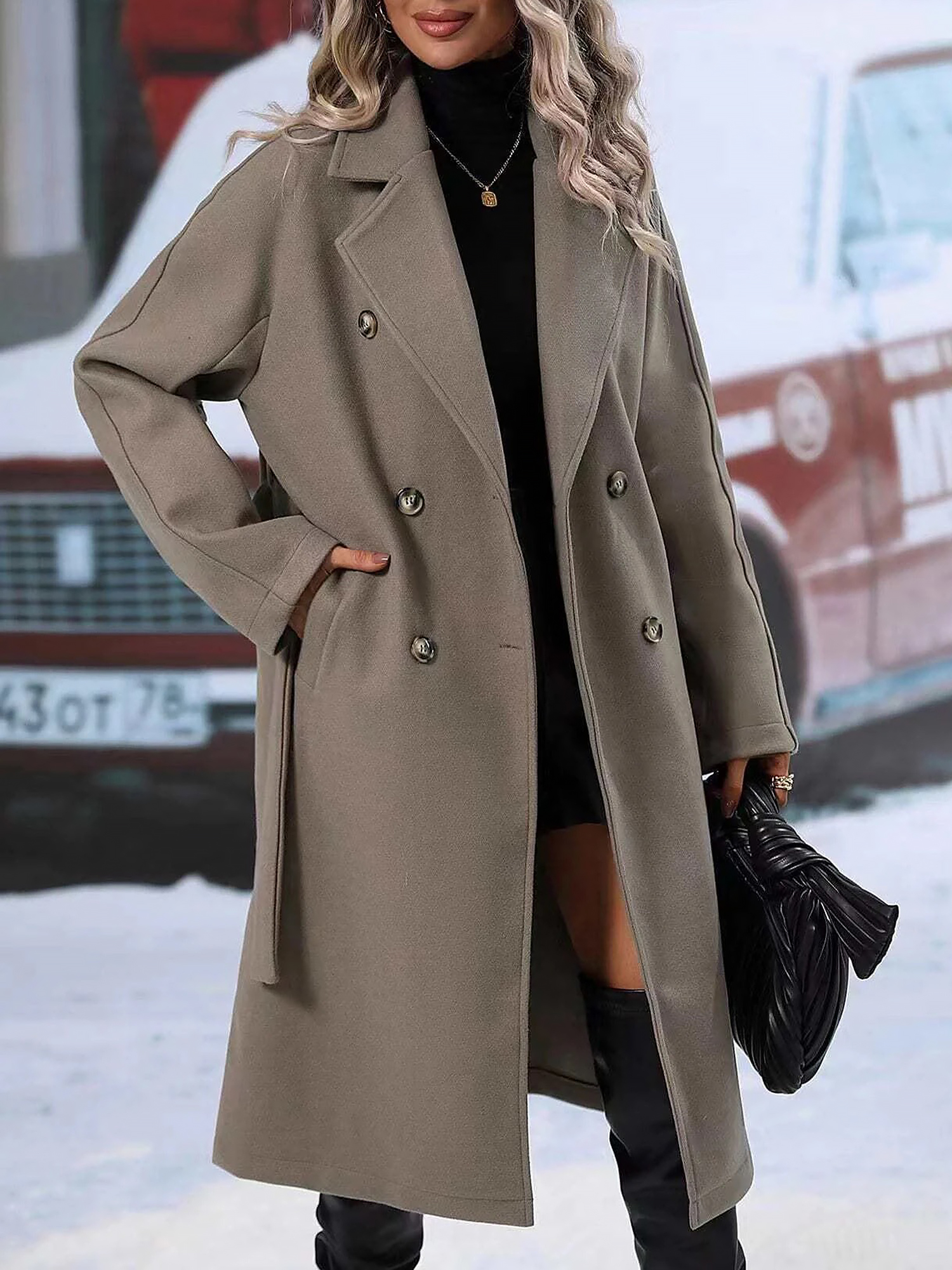 Notched Lapel Double Breasted Belted Long Pea Coat Grey/M