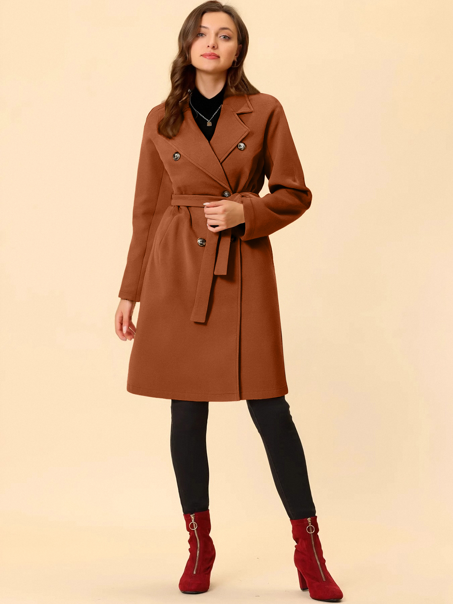 Notched Lapel Double Breasted Belted Long Pea Coat Brown/XL