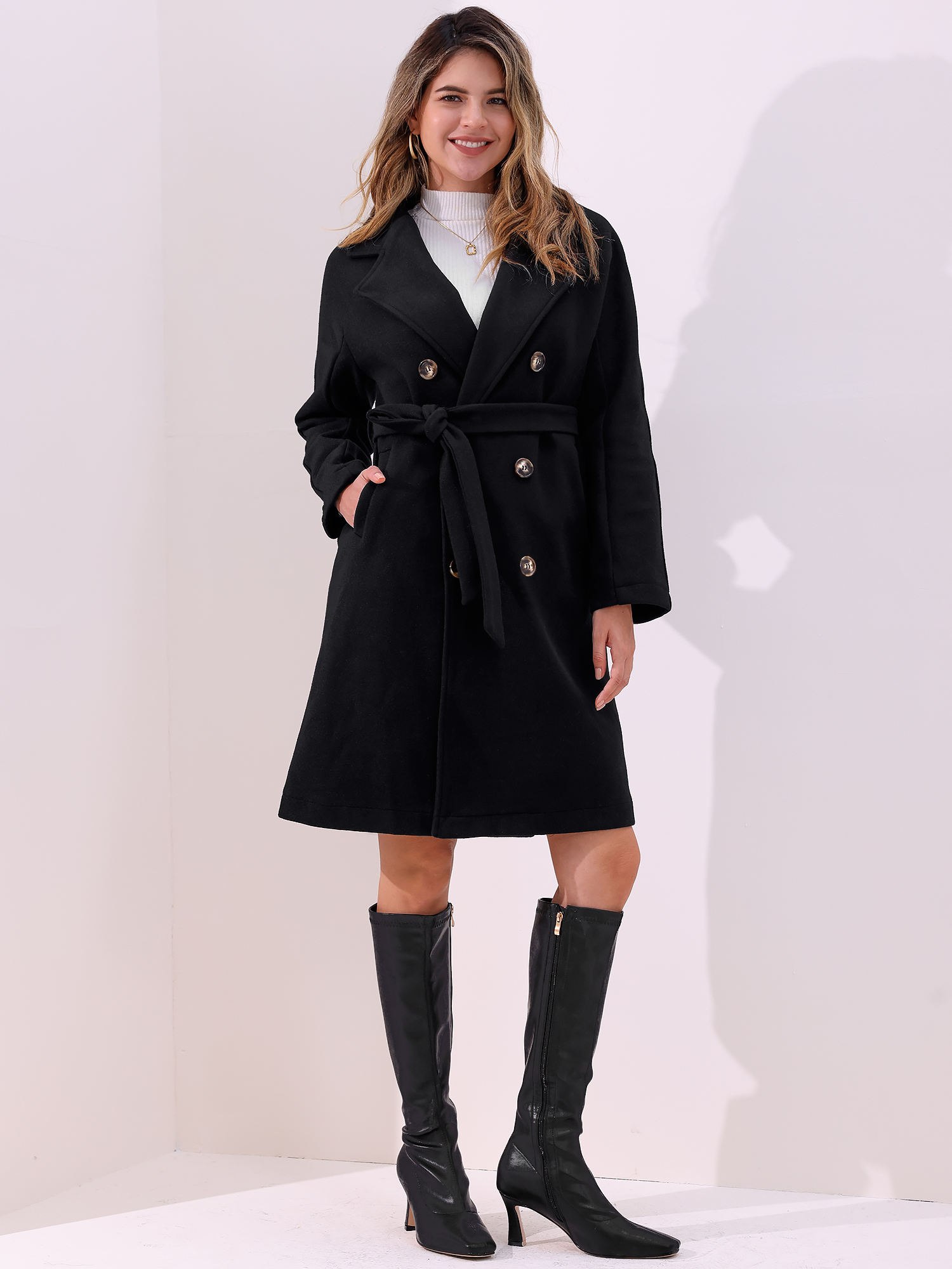 Notched Lapel Double Breasted Belted Long Pea Coat Black/L