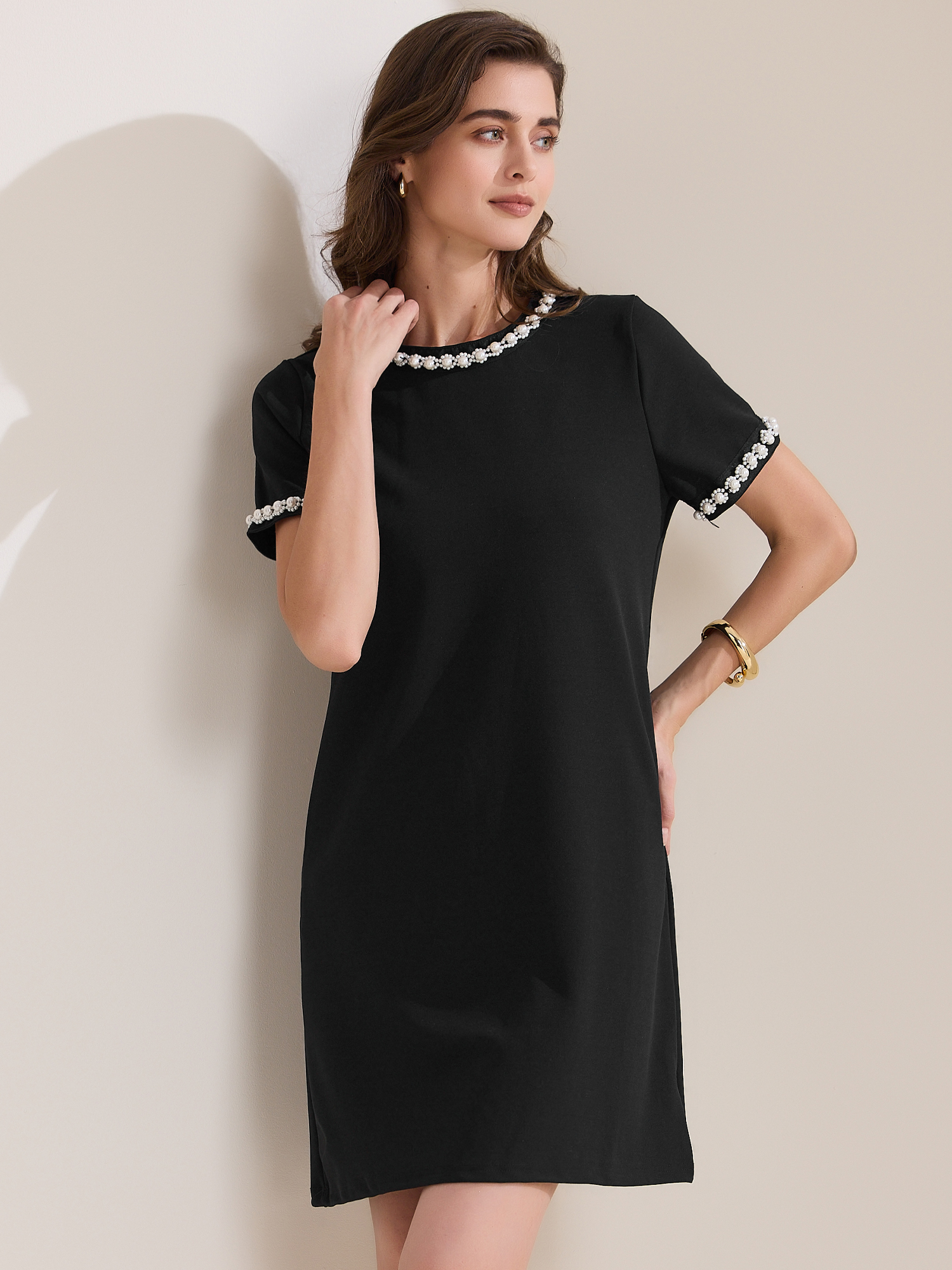 Short Sleeve Crew Neck Faux Pearl Decor Pocketed Dress Black/S