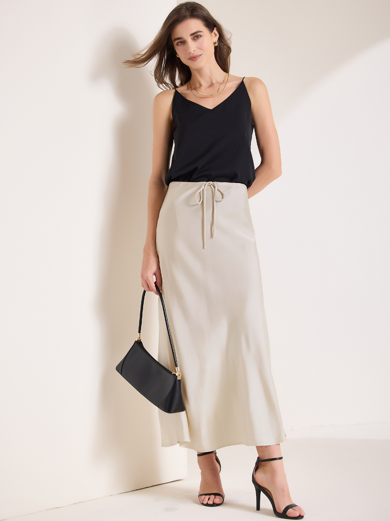Satin High Waist Drawstring Solid Color Maxi Skirt Champagne/S