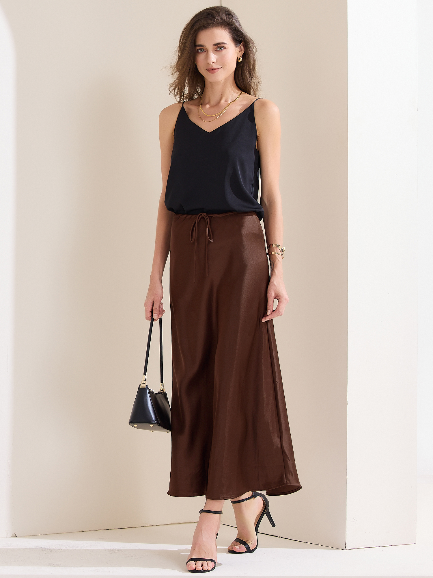 Satin High Waist Drawstring Solid Color Maxi Skirt Deep Brown/S