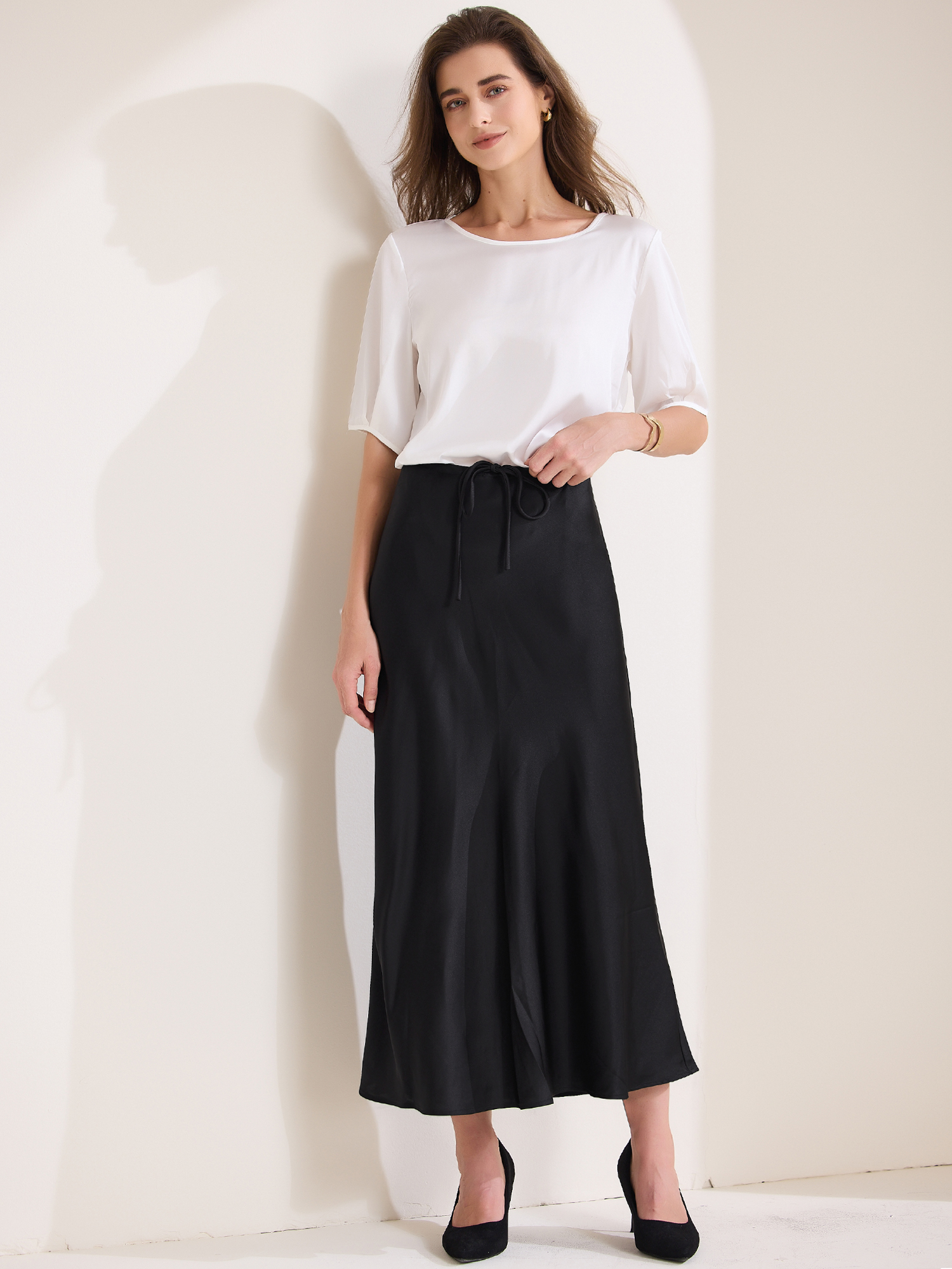 Satin High Waist Drawstring Solid Color Maxi Skirt Black/XL