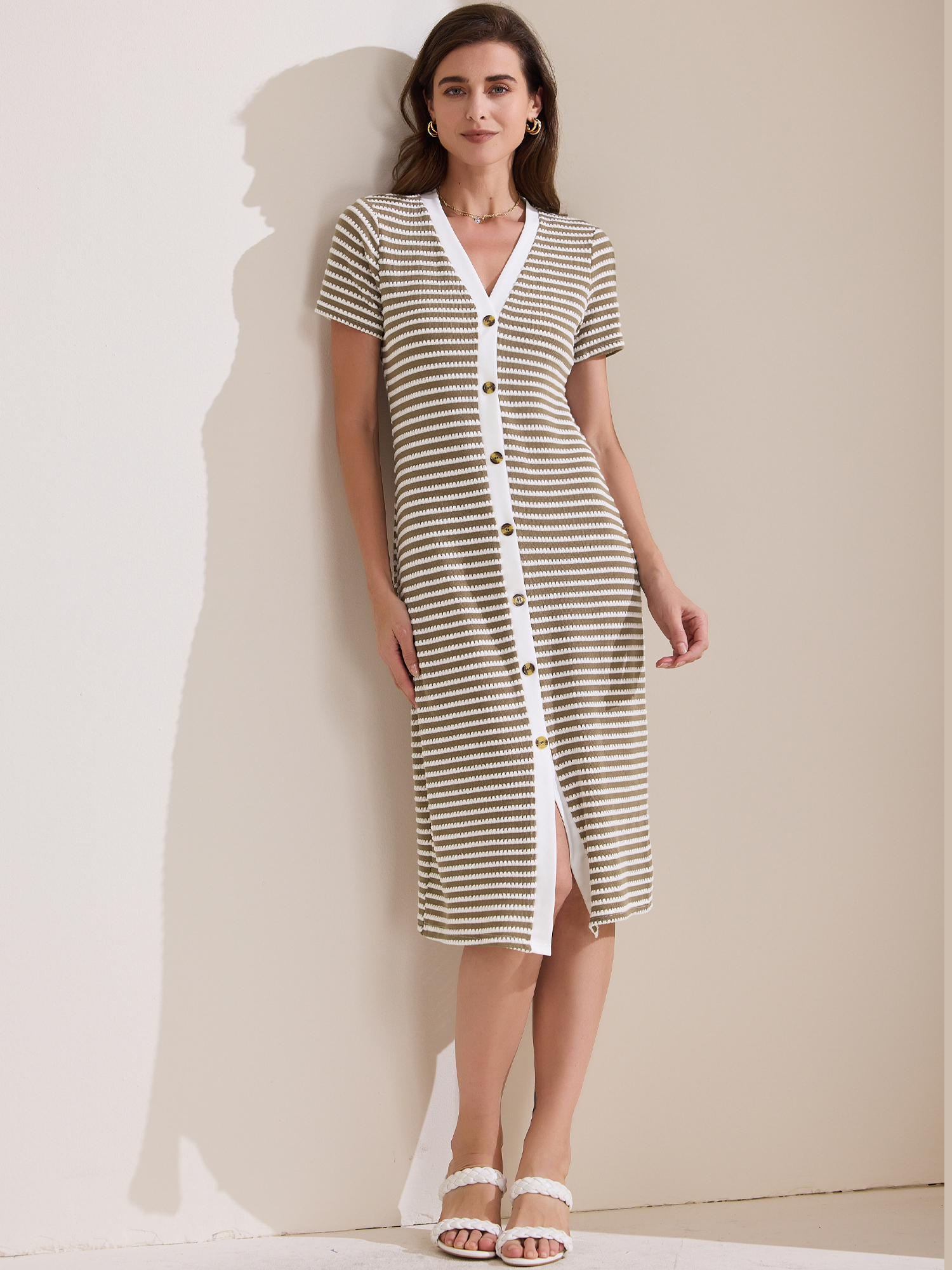 Striped Ribbed Knit Short Sleeve V Neck Midi Dress Coffee/XL