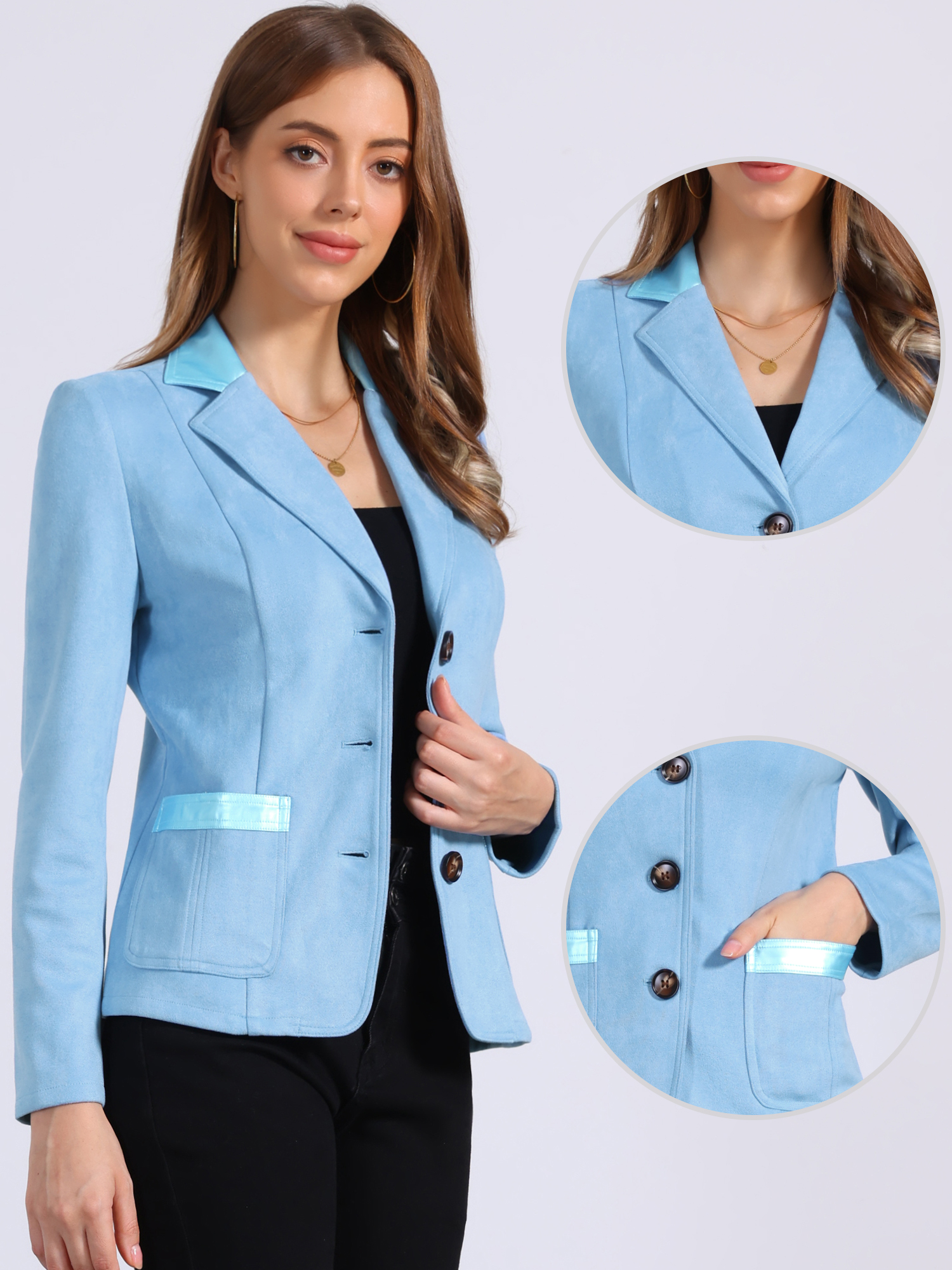 Faux Suede Lapel Collar Cowgirl 2 Button Blazer Jacket Blue/L