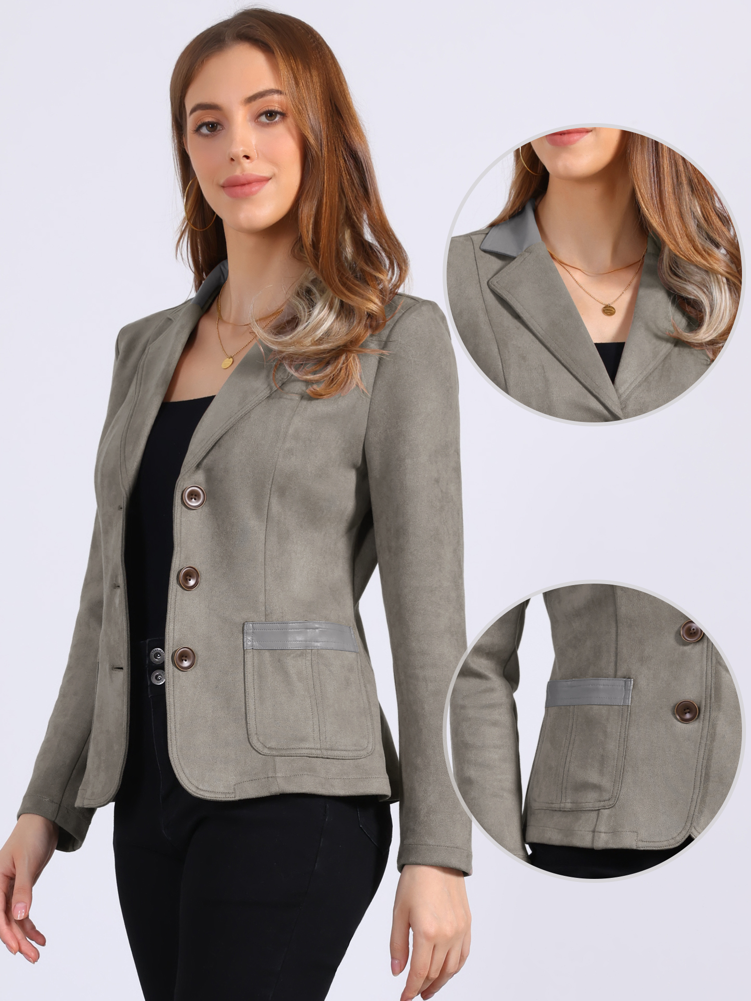 Faux Suede Lapel Collar Cowgirl 2 Button Blazer Jacket Grey/XS