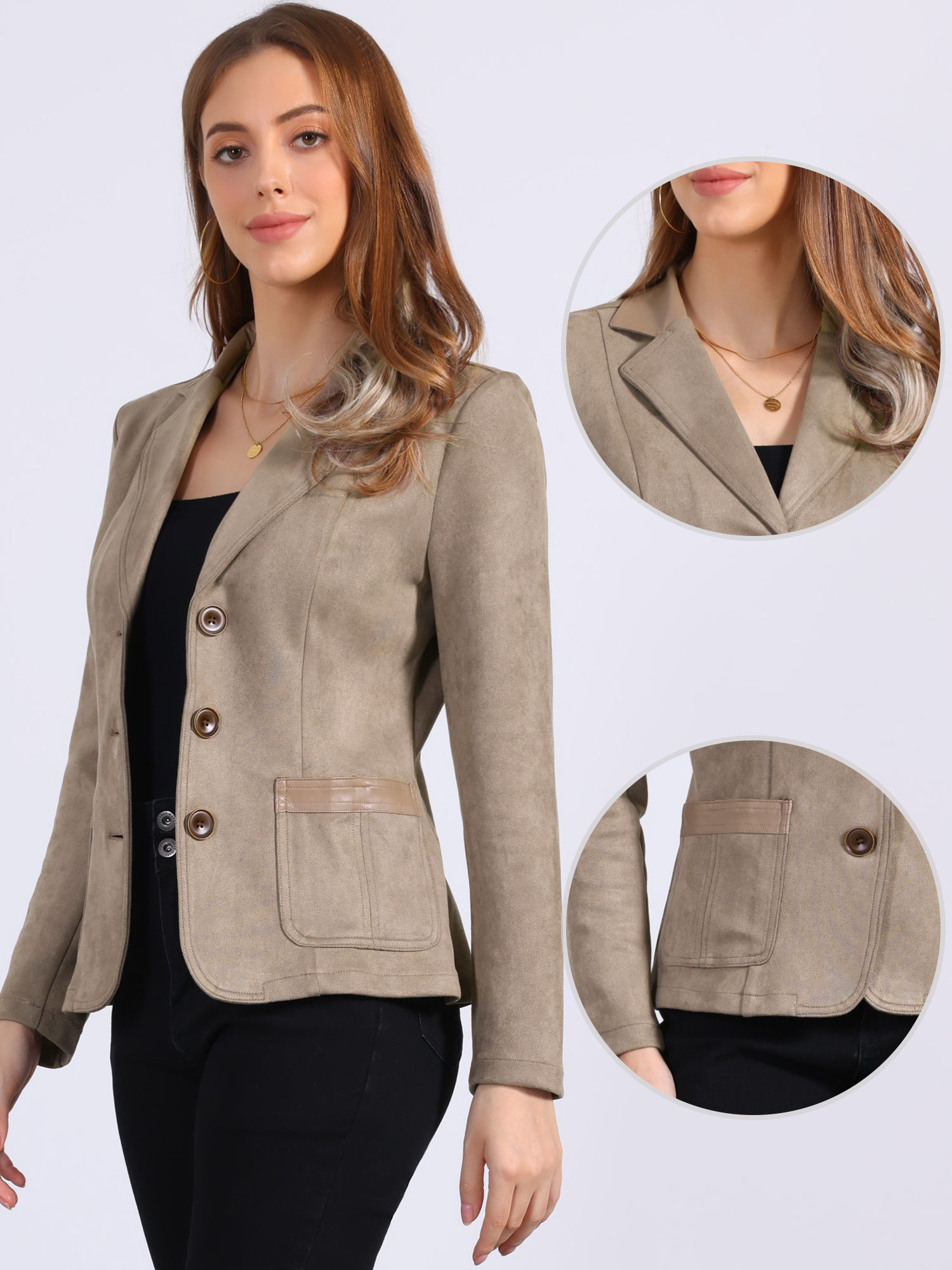 Faux Suede Lapel Collar Cowgirl 2 Button Blazer Jacket Desert Tan/XL