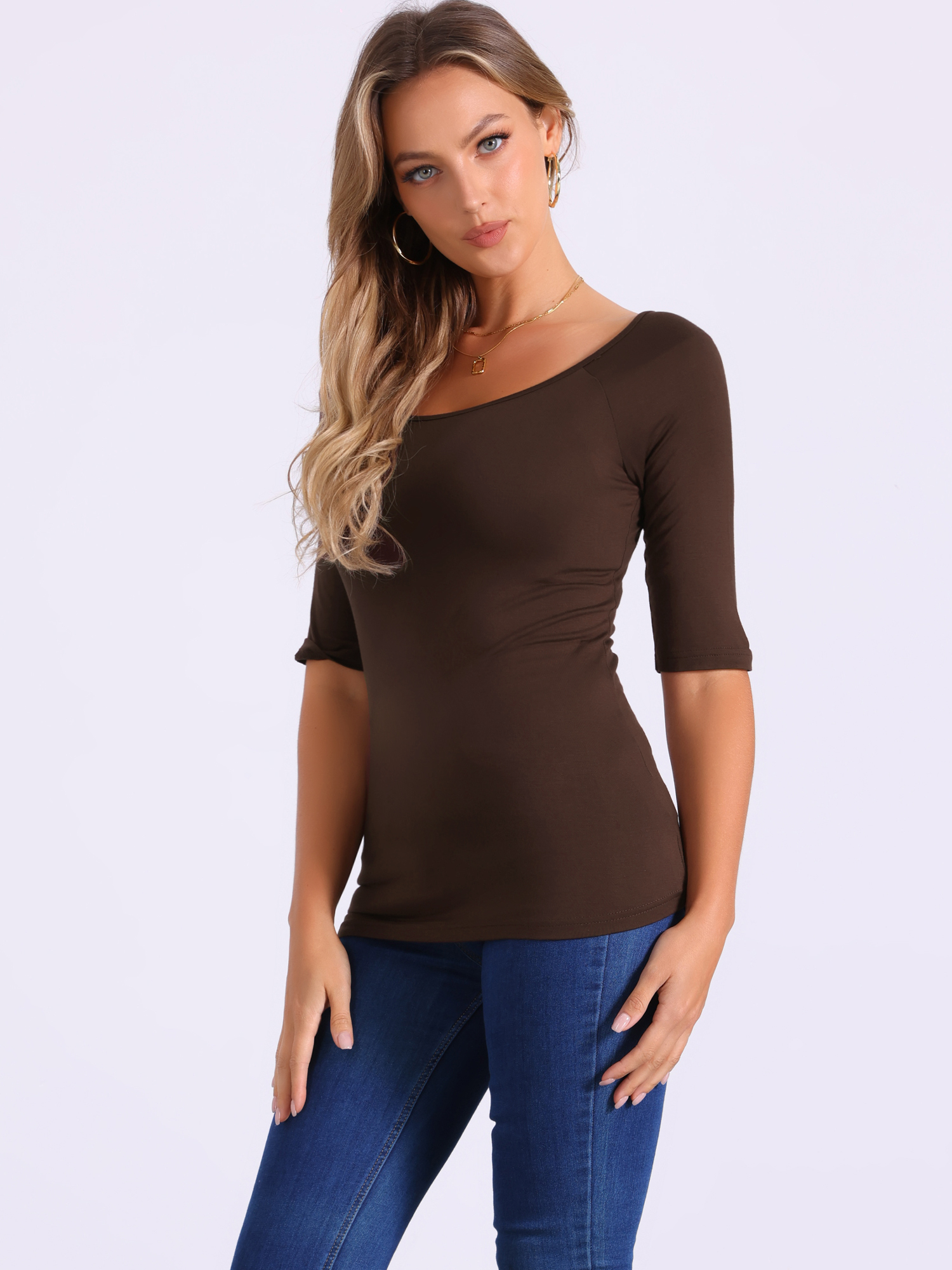 Half Sleeves Scoop Neck Fitted Layering Soft T-Shirt Coffee Brown/M