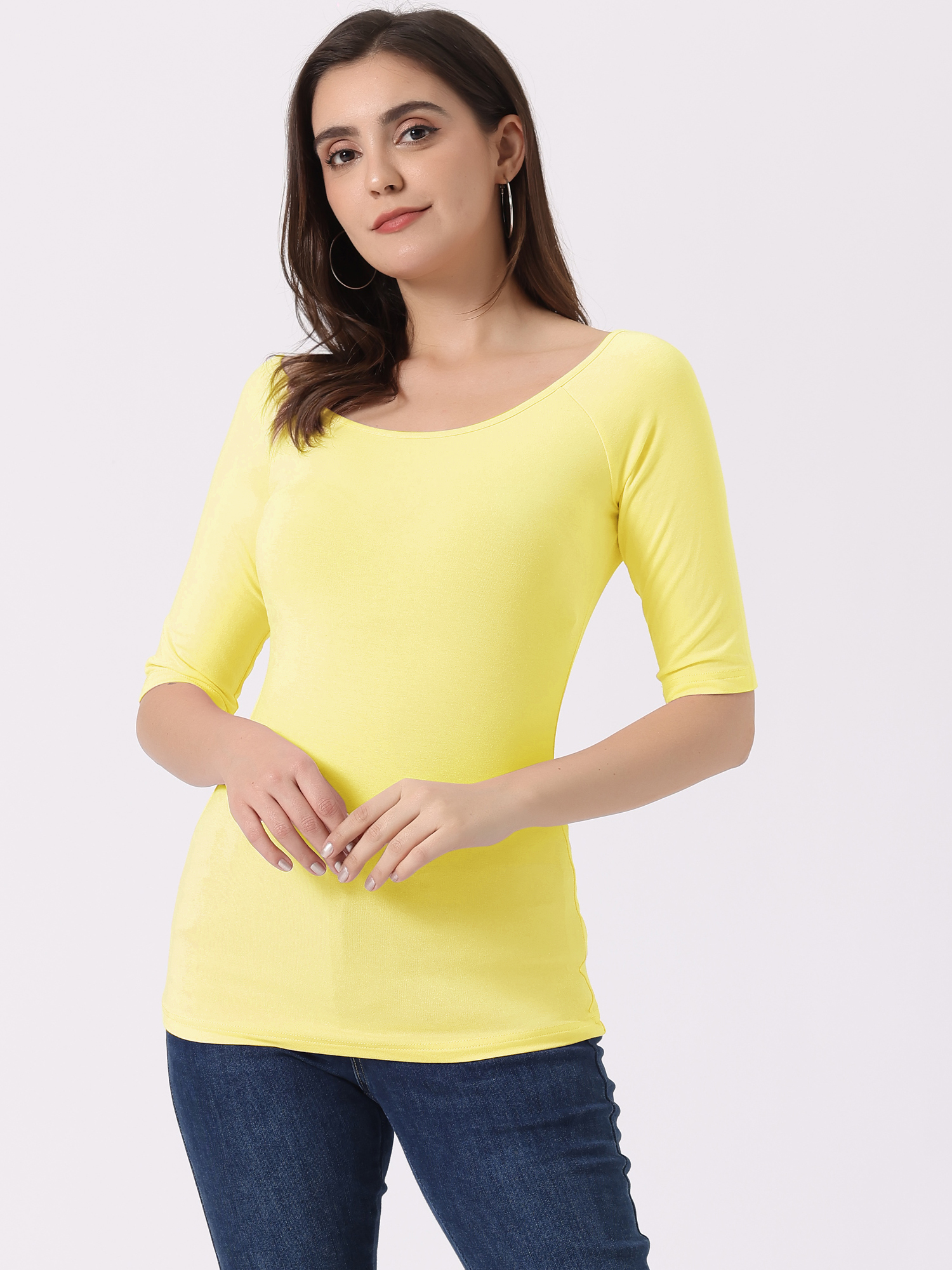 Half Sleeves Scoop Neck Fitted Layering Soft T-Shirt Light Yellow/XS