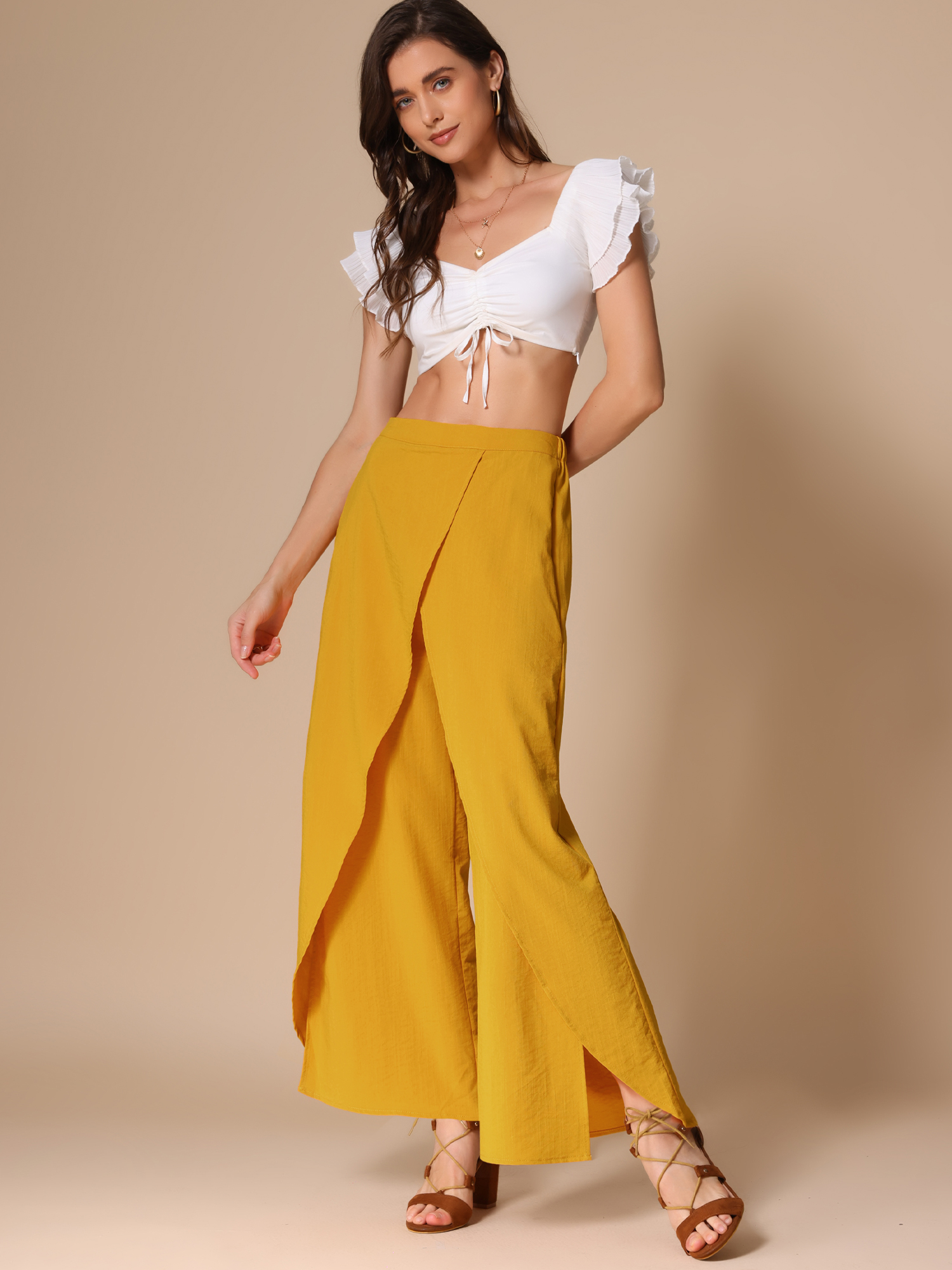 Casual Elastic High Waist Split Side Wide Legs Pants Yellow/M