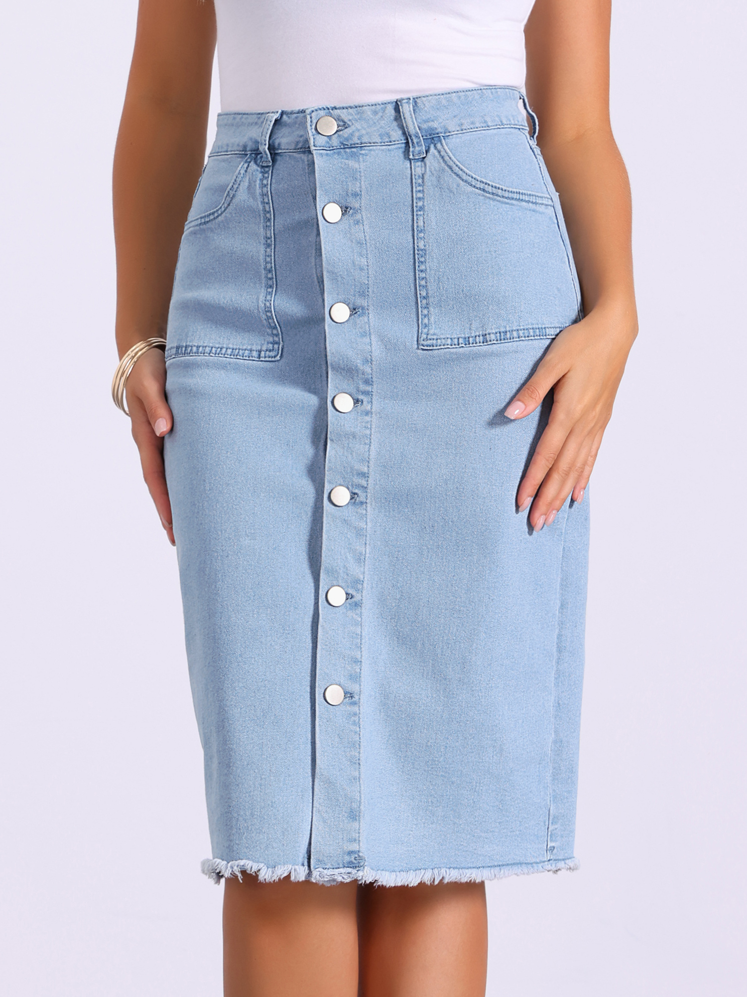 Button Down Denim Pocketed Jean Midi Skirt Light Blue/M