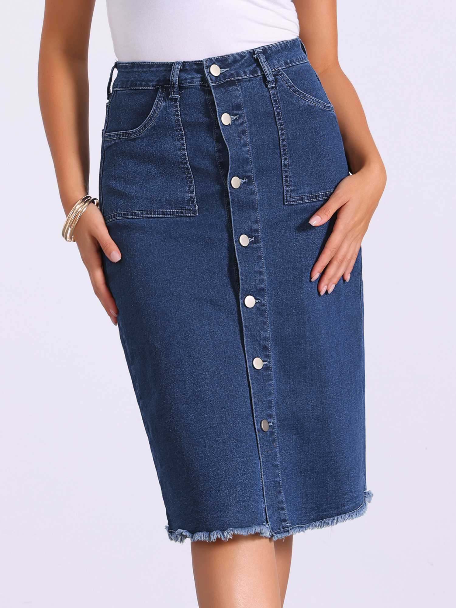 Button Down Denim Pocketed Jean Midi Skirt Dark Blue/M
