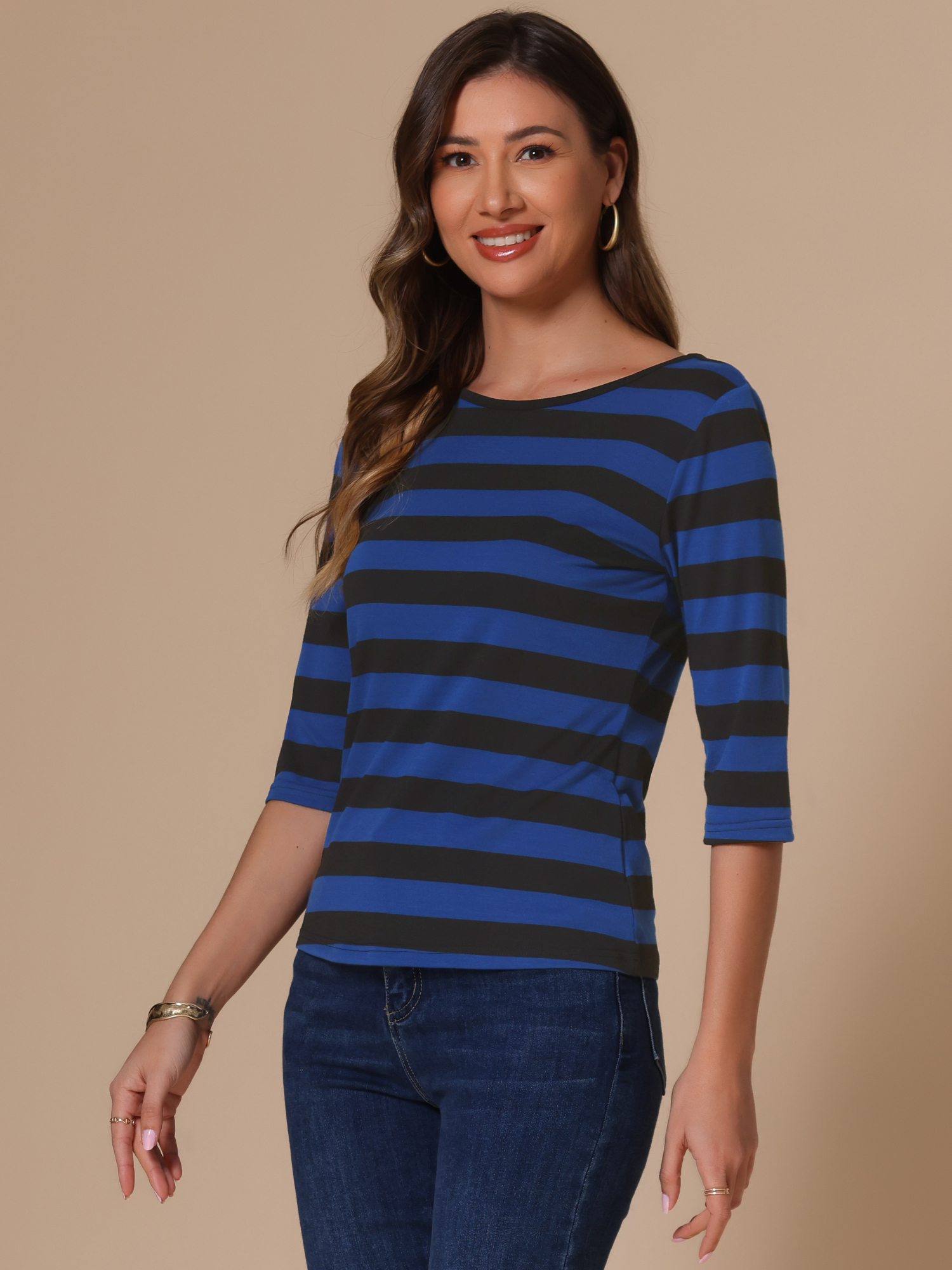 3/4 Sleeve Round Neck Casual Striped T-Shirt Dark Blue/L