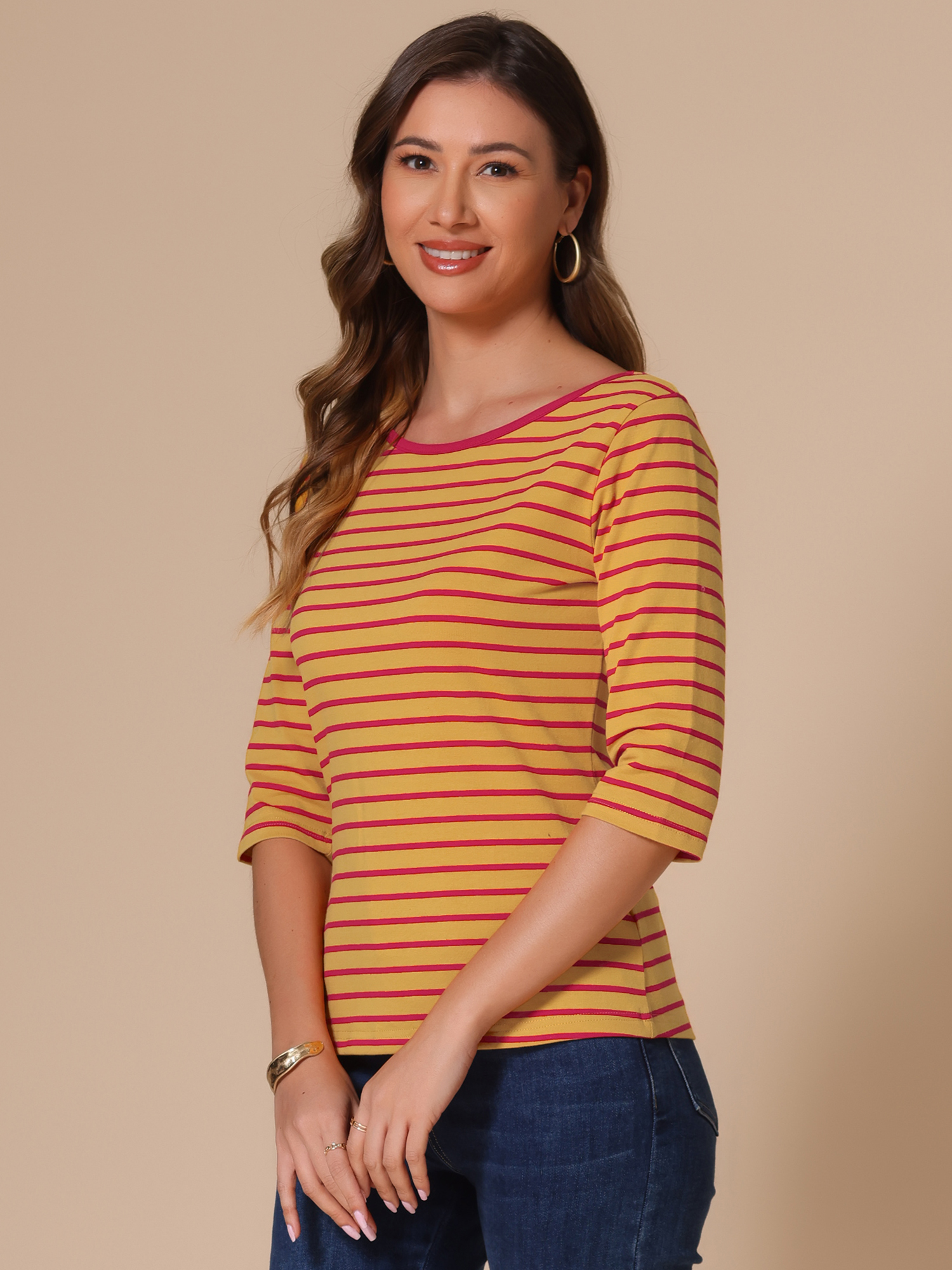 3/4 Sleeve Round Neck Casual Striped T-Shirt Yellow Red/L