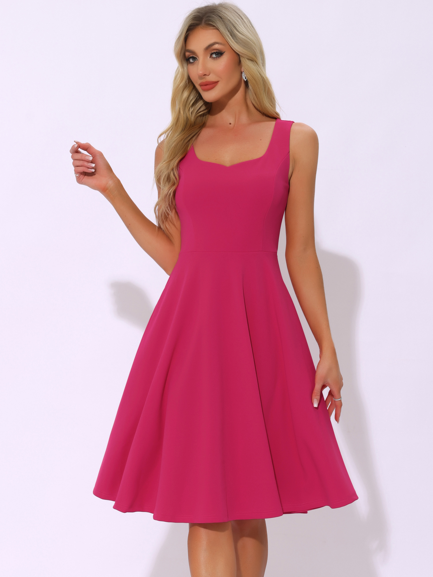 Sweetheart Neck Sleeveless A-Line Midi Swing Dress Hot Pink/L