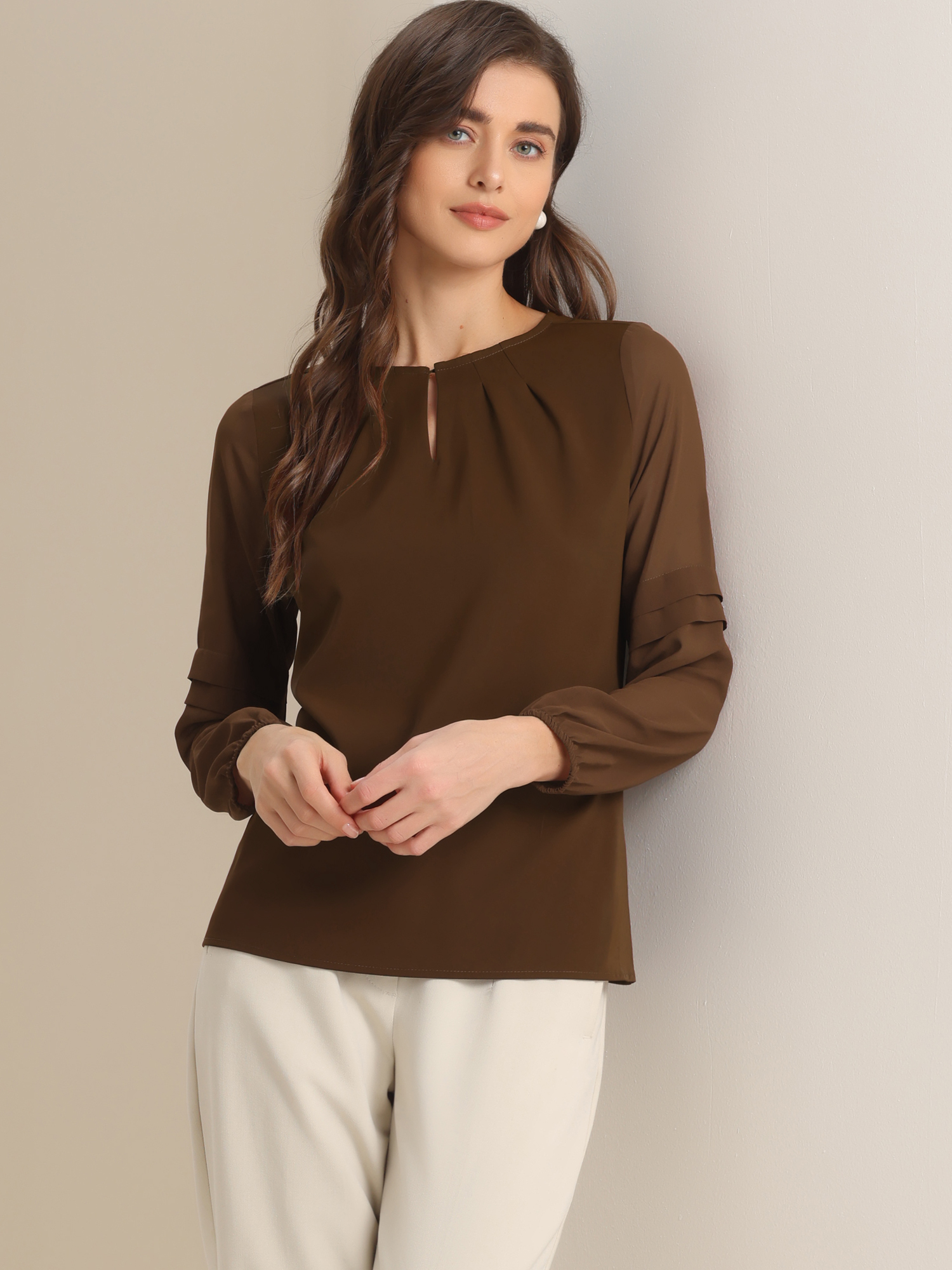 Chiffon Shirt Semi Sheer Keyhole Neck Elegant Blouse Dark Brown/M