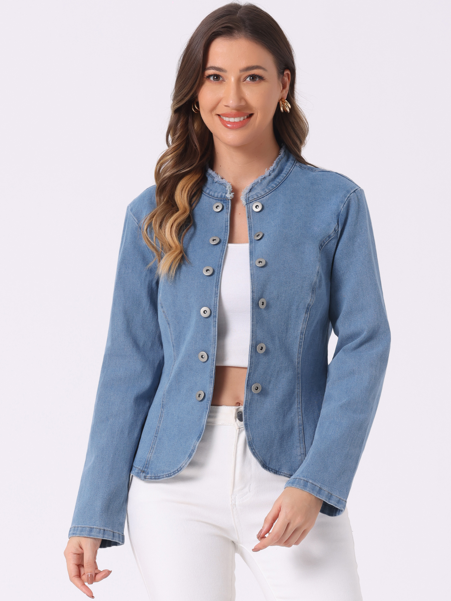 Denim Collarless Button Decor Open Front Jeans Jackets Light Blue/S