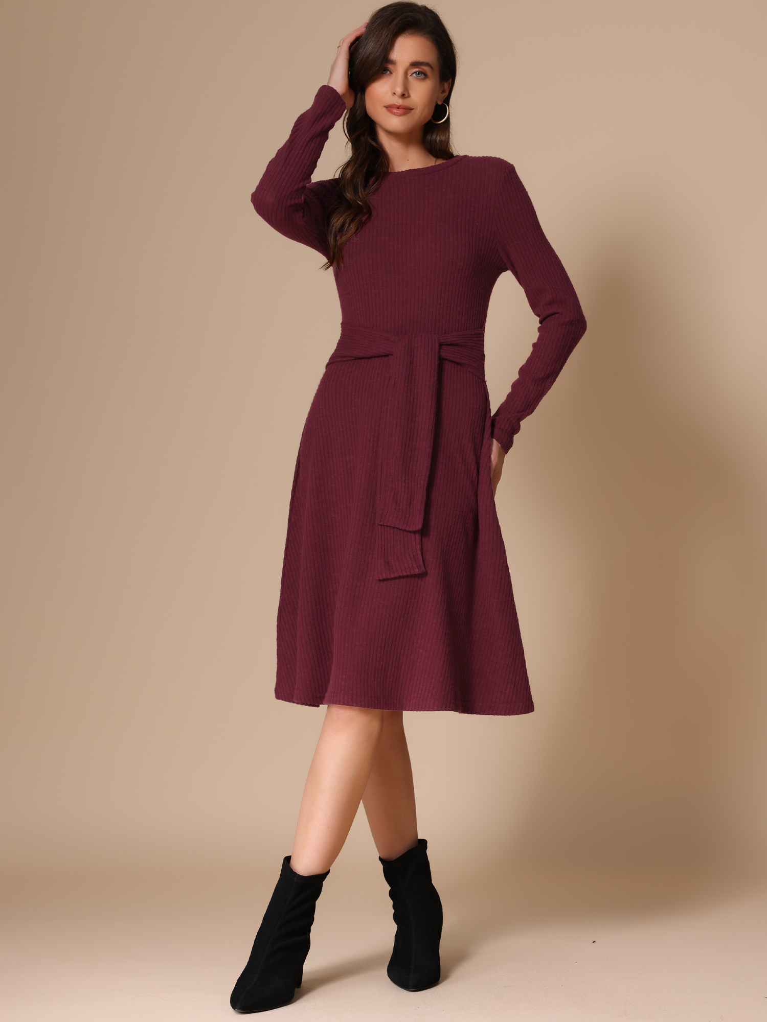 Ribbed Knit Crew Neck Long Sleeve Midi Sweater Dress Burgundy/L