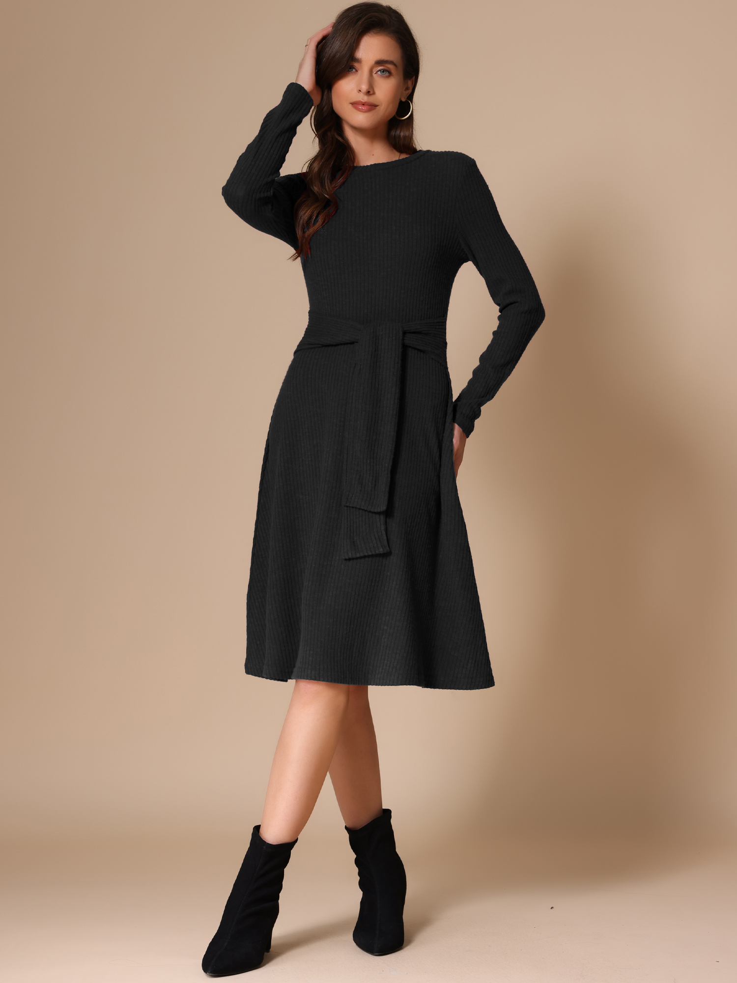 Ribbed Knit Crew Neck Long Sleeve Midi Sweater Dress Black/L