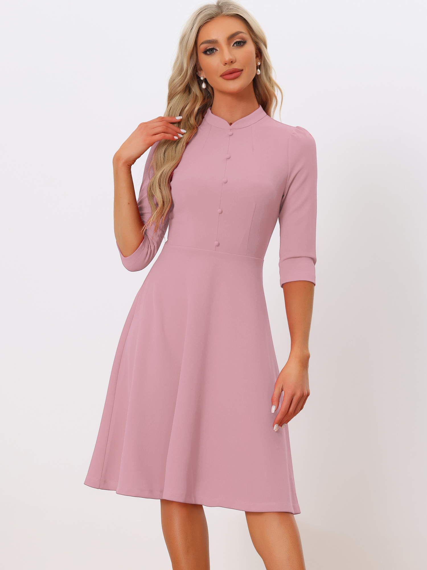 Retro 3/4 Sleeve Stand Collar Office Work Elegant A-Line Dress Pink/M