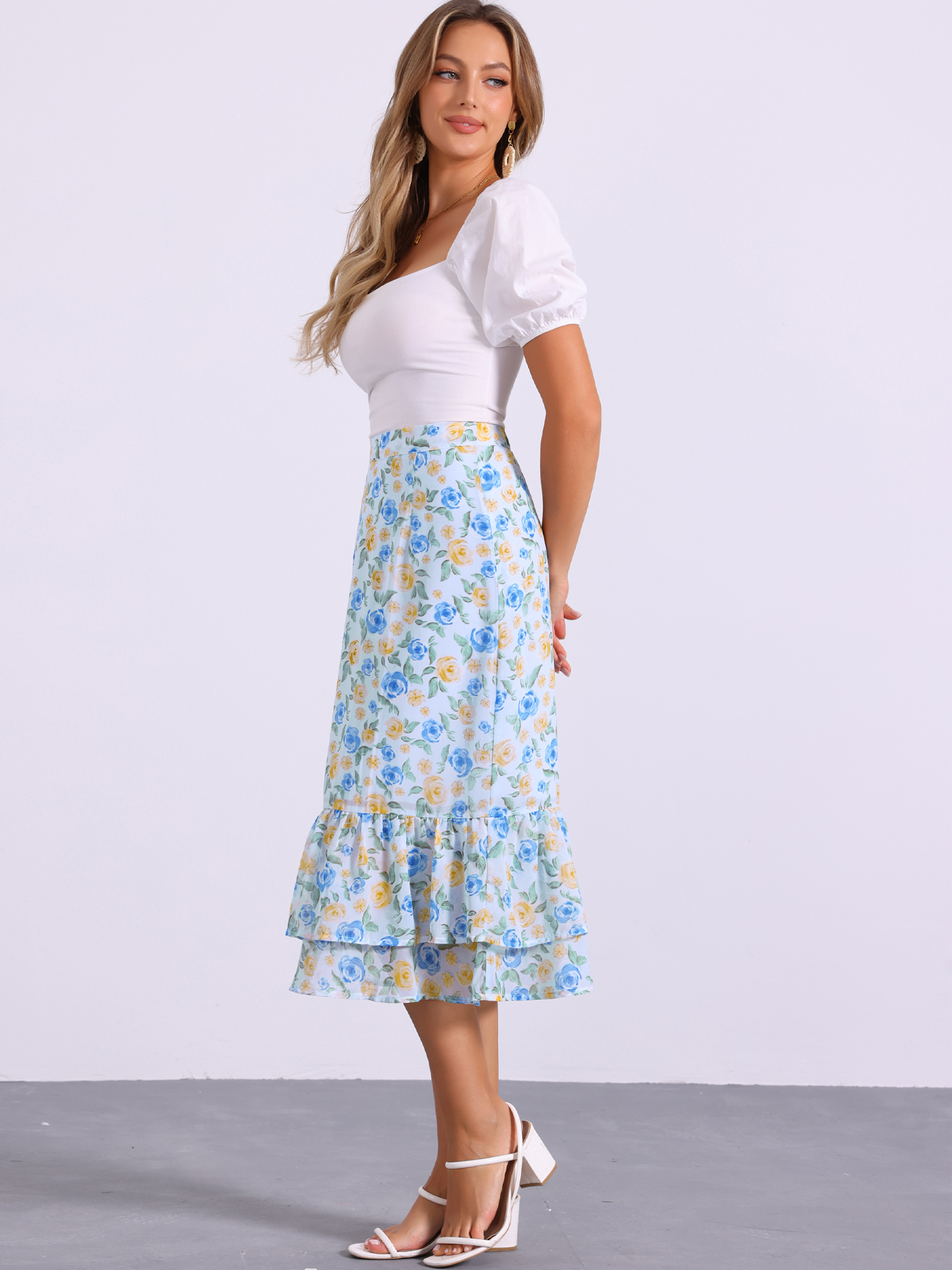Chiffon Printed Elastic Waist Ruffle Tiered Flowy Midi Skirt Blue Beige-Floral/L