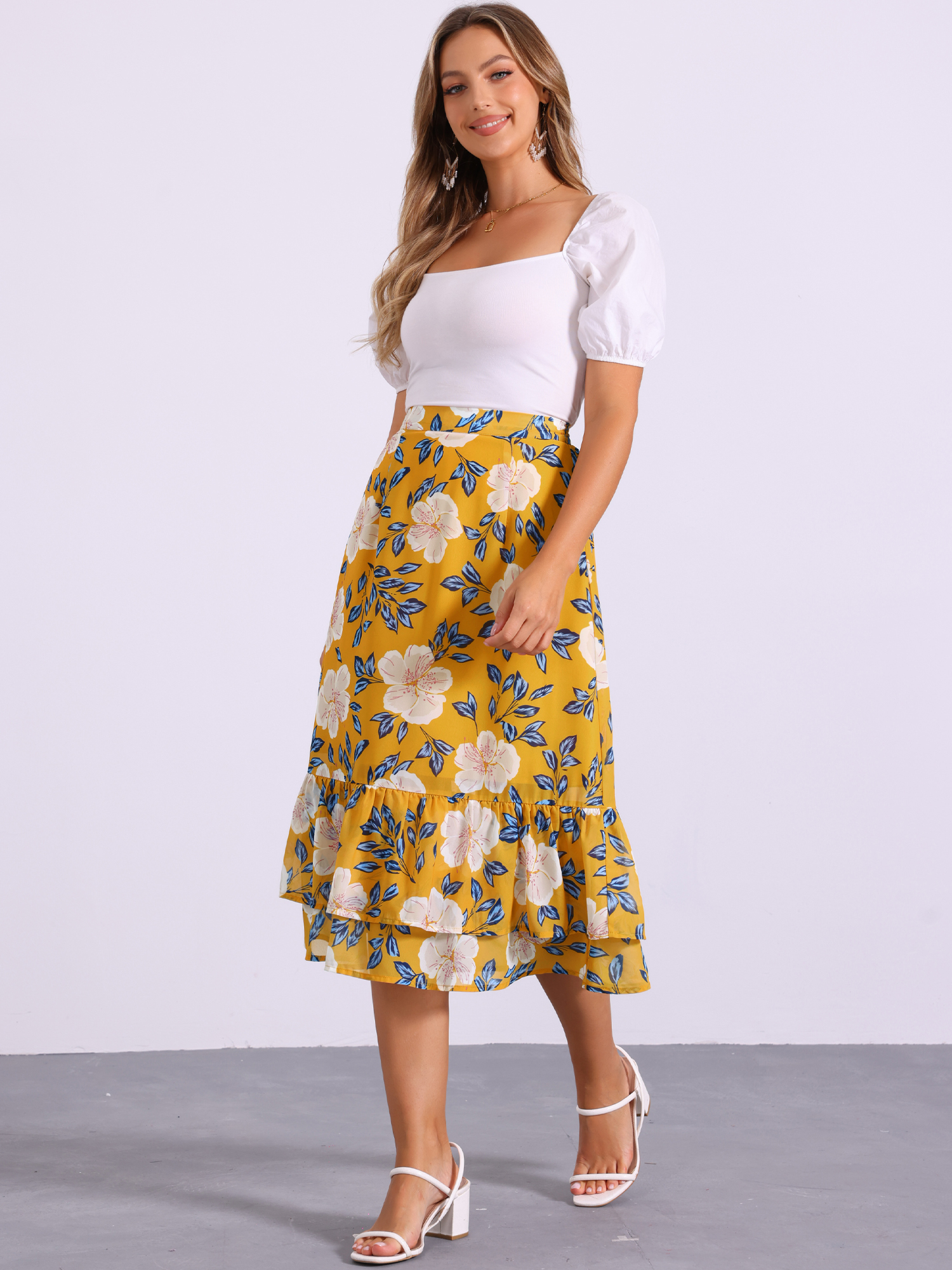 Chiffon Printed Elastic Waist Ruffle Tiered Flowy Midi Skirt Dark Yellow-Floral/L