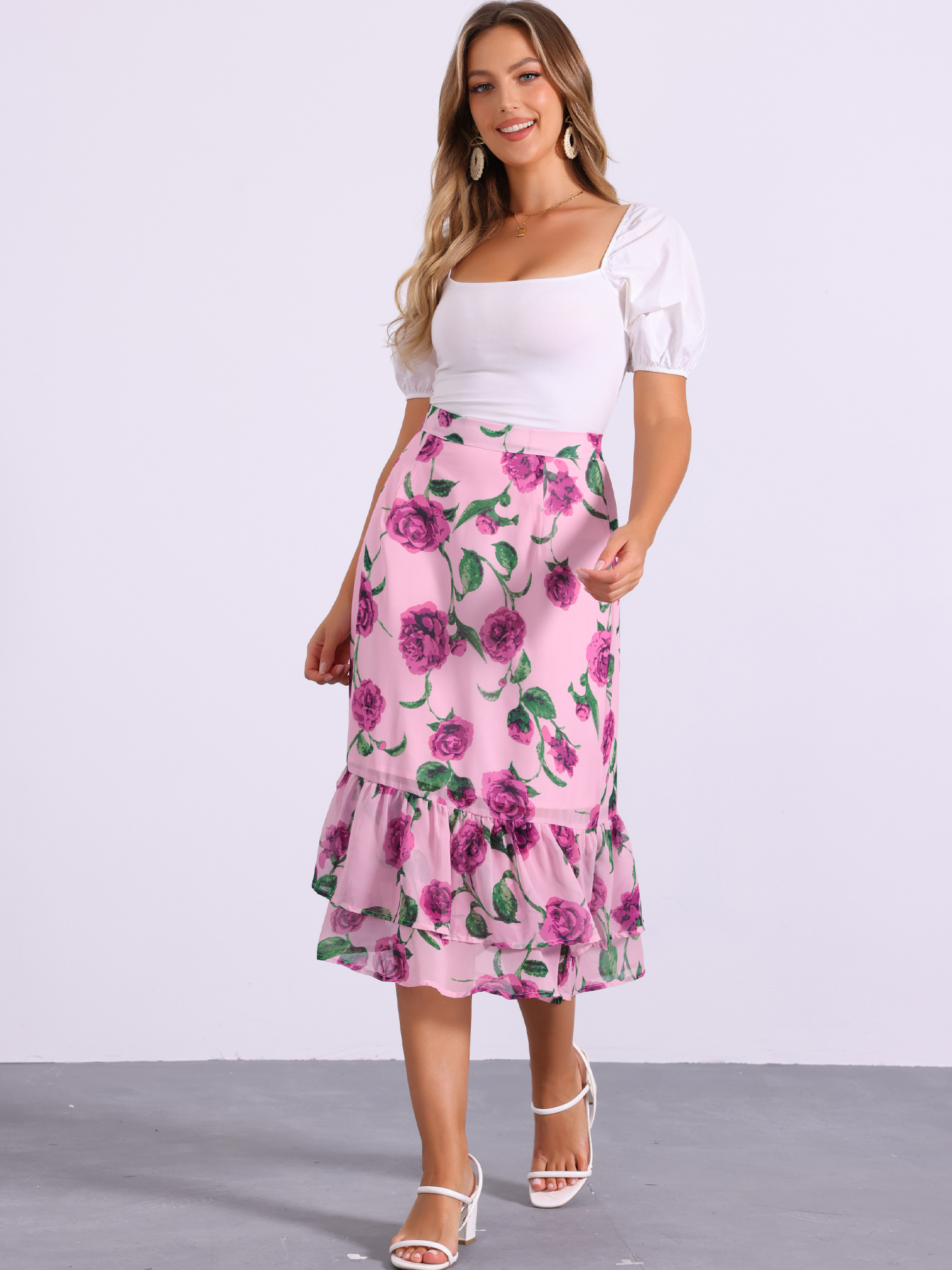 Chiffon Printed Elastic Waist Ruffle Tiered Flowy Midi Skirt Pink Purple-Floral/L