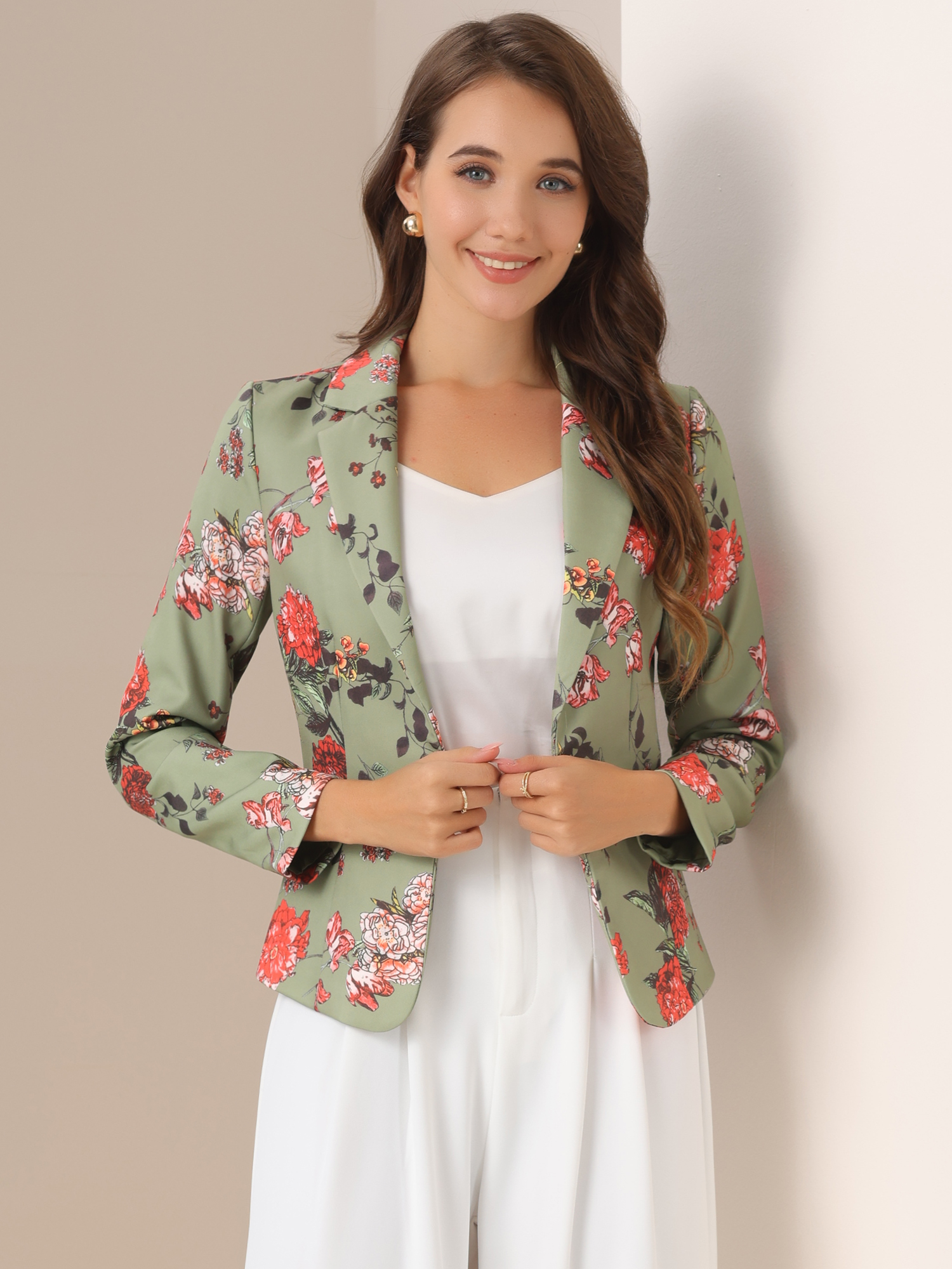 Business Casual Open Front Notch Lapel Plaid Suit Blazer Dusty Green-Floral/S
