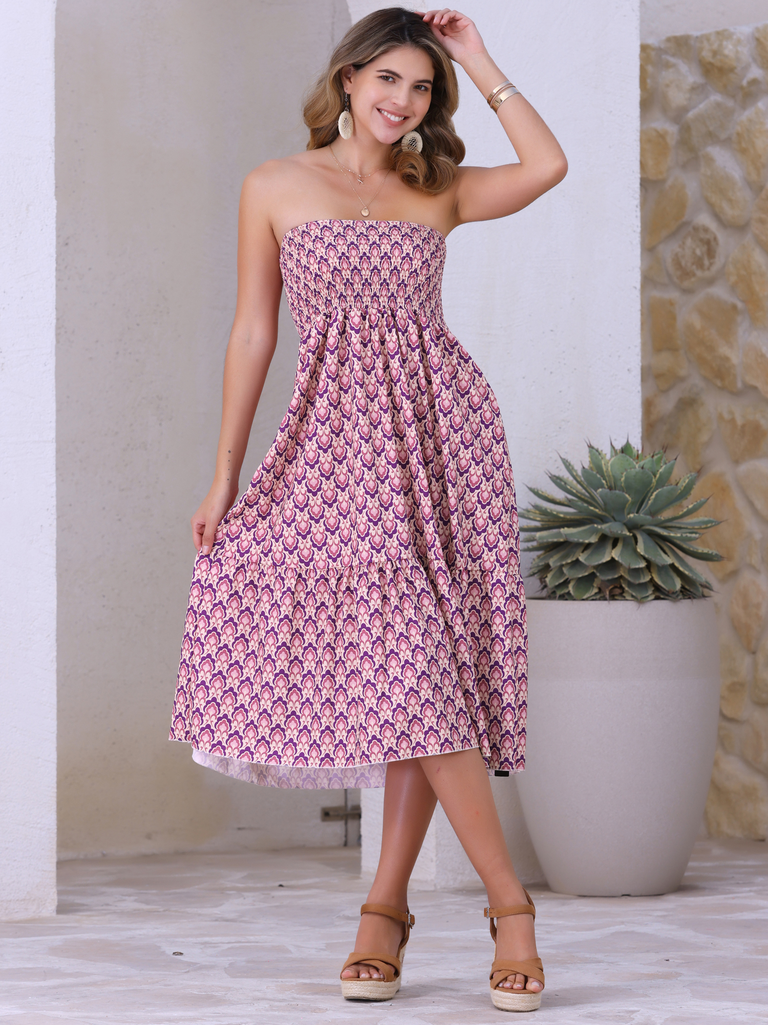 Smocked Waist Flowy Swing Boho Floral Dress Skirt Purple Floral/L