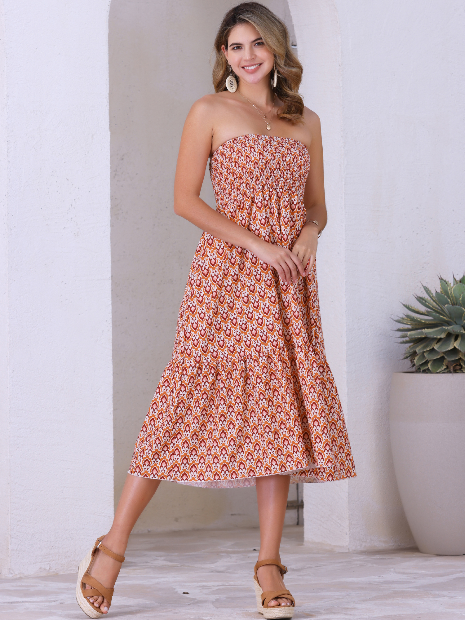 Smocked Waist Flowy Swing Boho Floral Dress Skirt Orange Floral/S