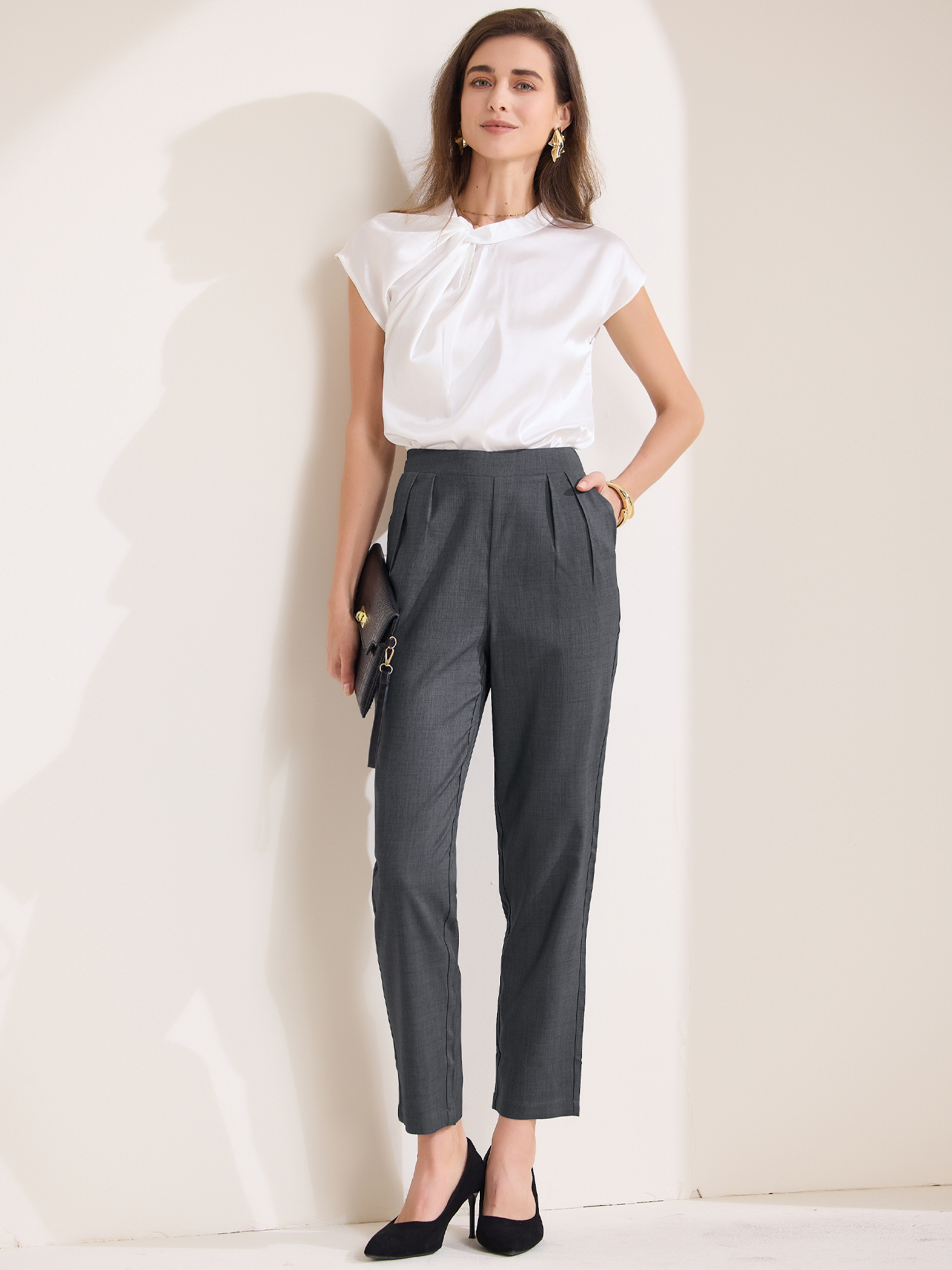 High Waist Pocketed Straight Leg Ankle Pants Slacks Dark Grey/S
