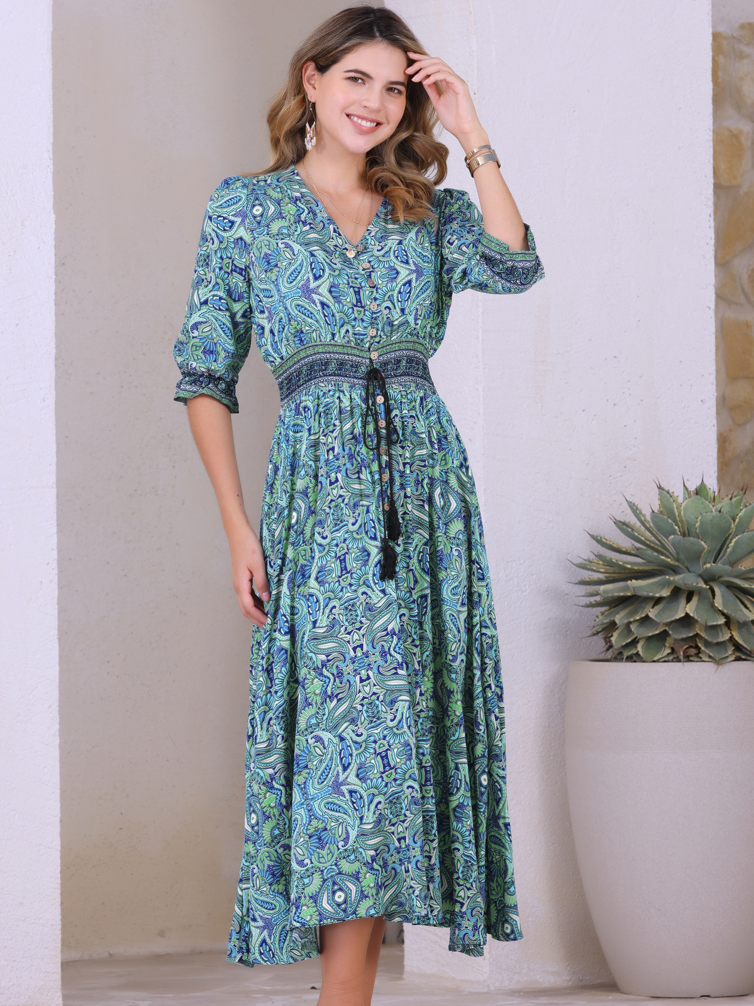 Paisley Boho Smocked 3/4 Sleeves Floral Midi Dress Blue/L