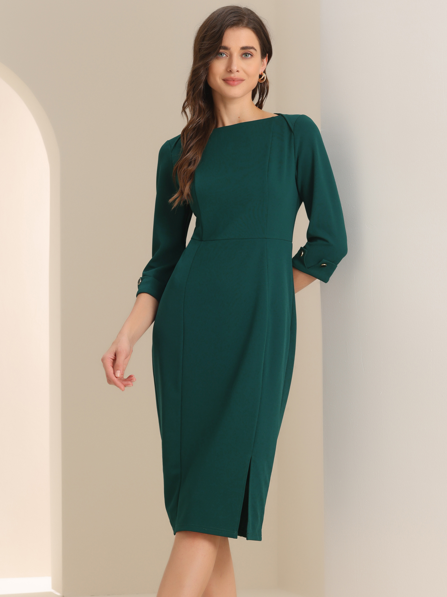 Work Boat Neck 3/4 Sleeves Midi Split Sheath Dress Deep Green/XL
