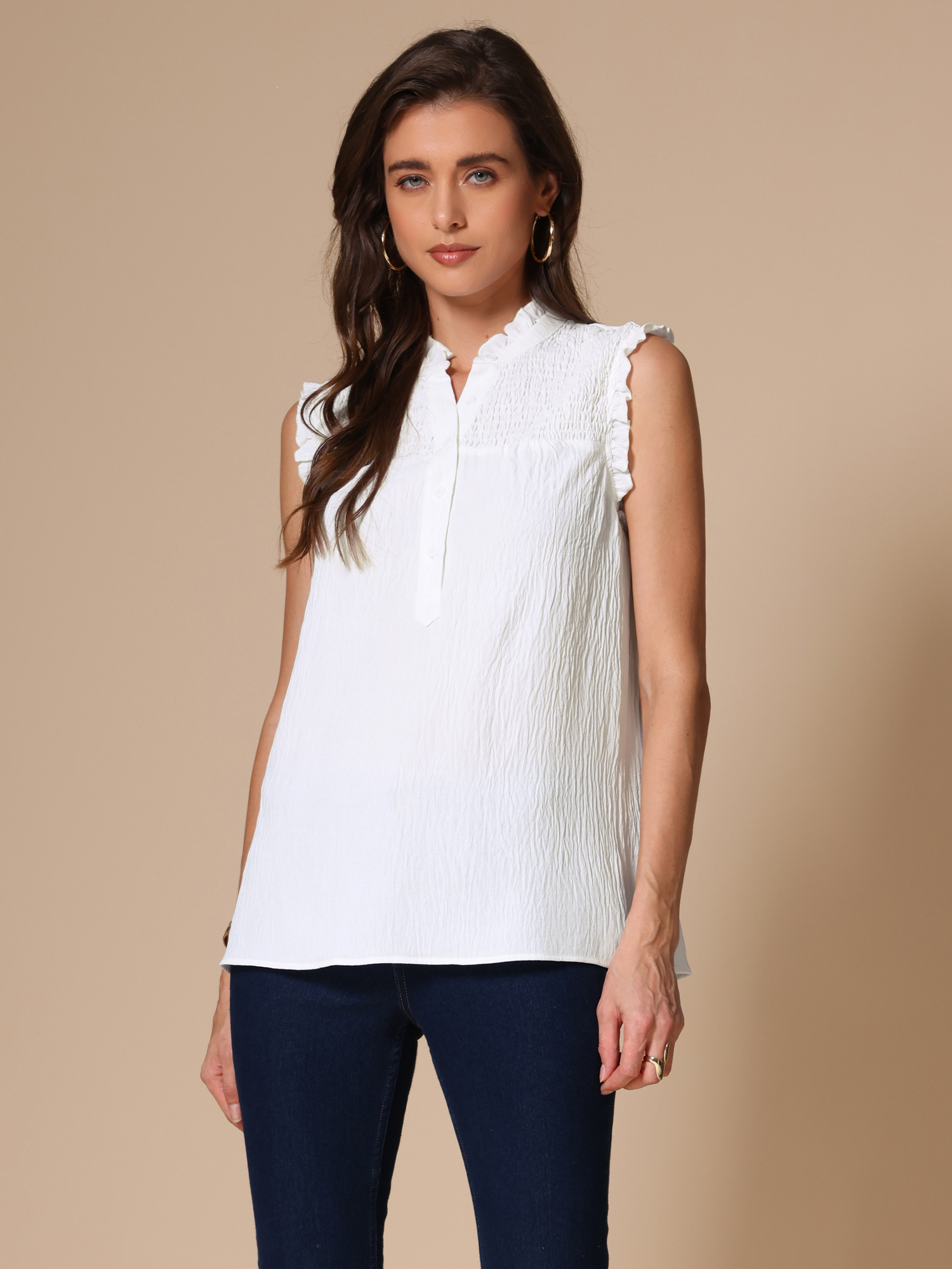 Ruffled Sleeveless Textured Basic Casual Tops White/M