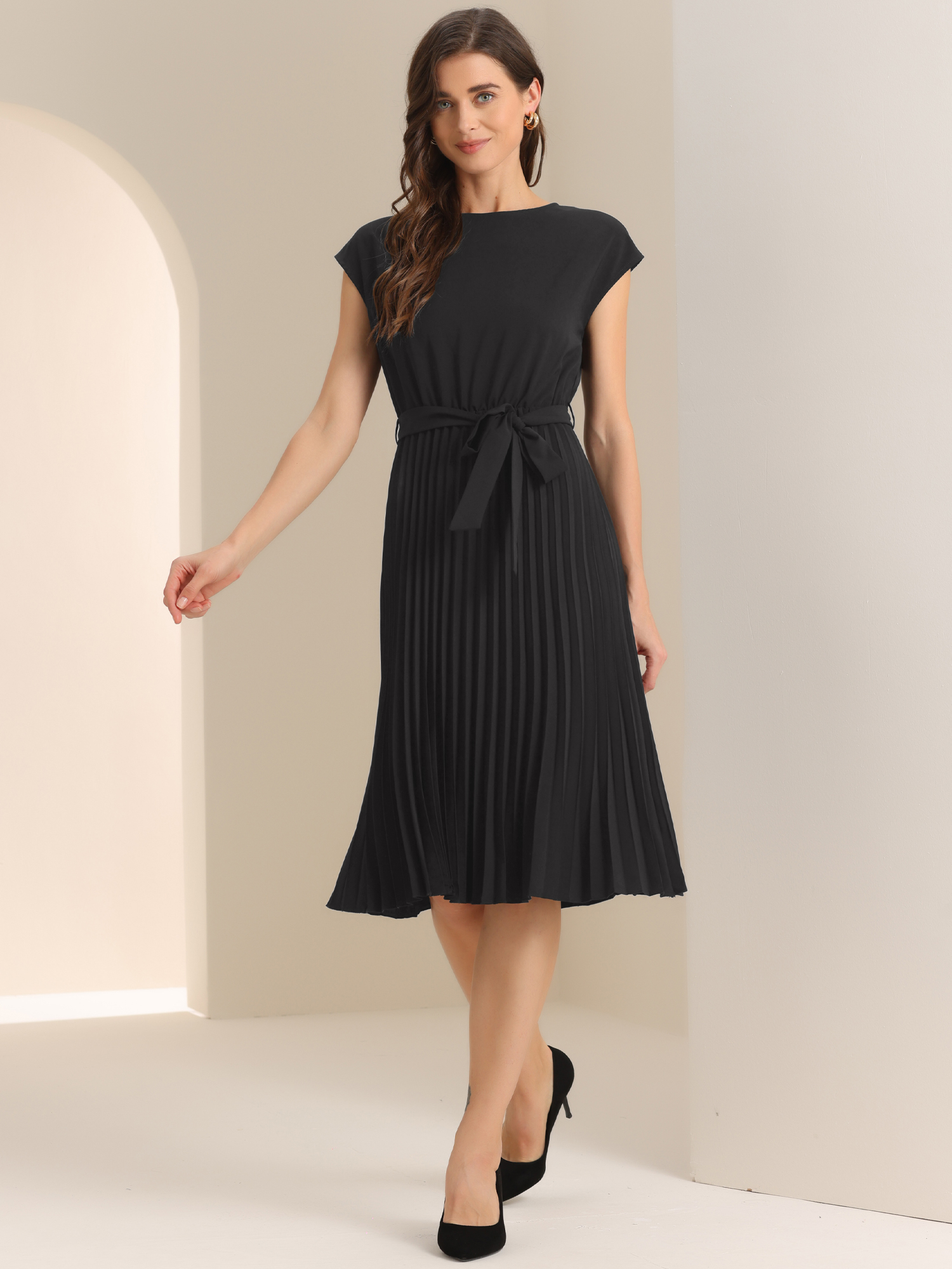 Crew Neck Sleeveless Tie Waist A-Line Pleated Dress Black/XS