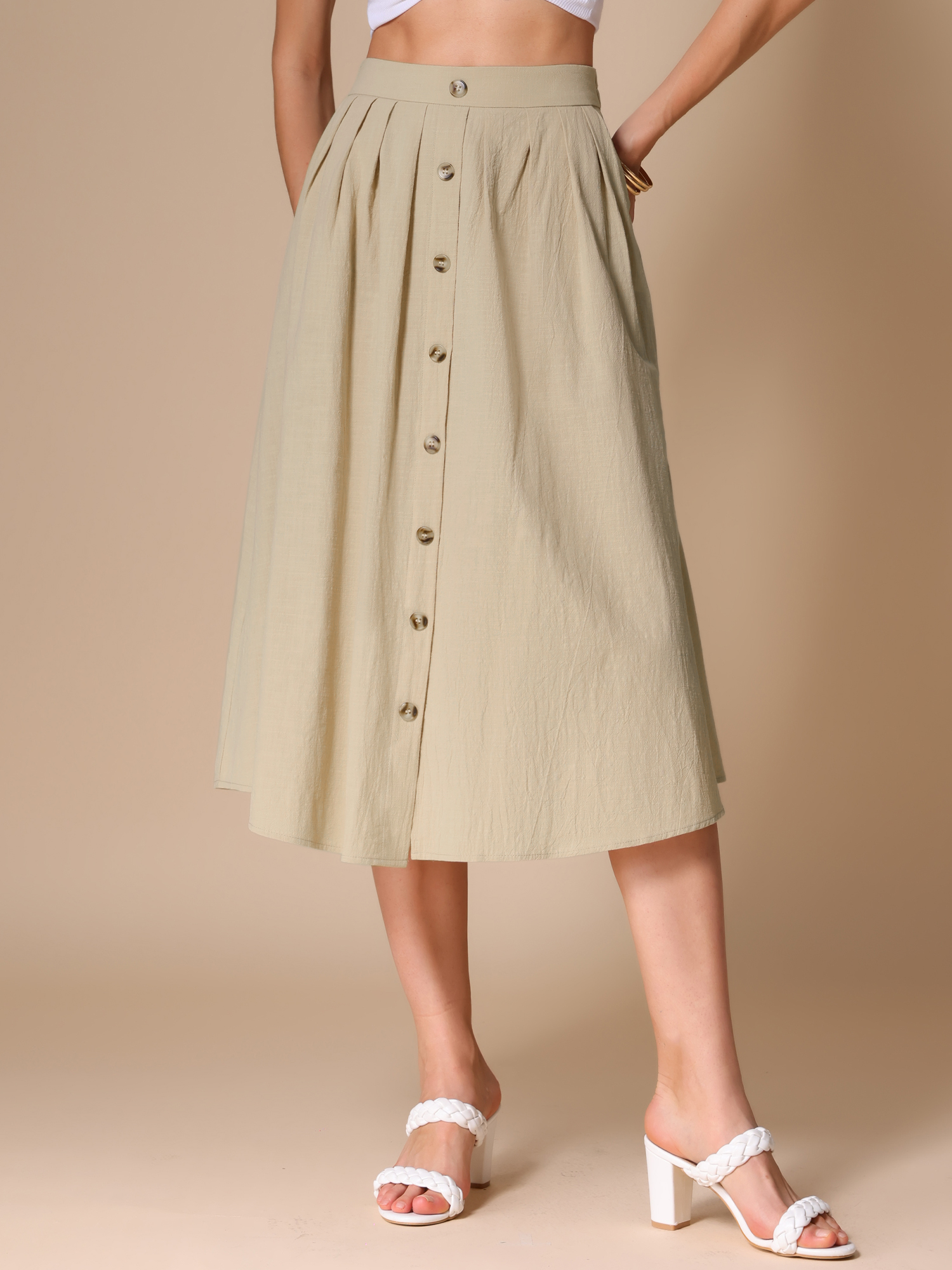 A-Line Elastic Waist Button Front Pocketed Midi Skirt Khaki/S